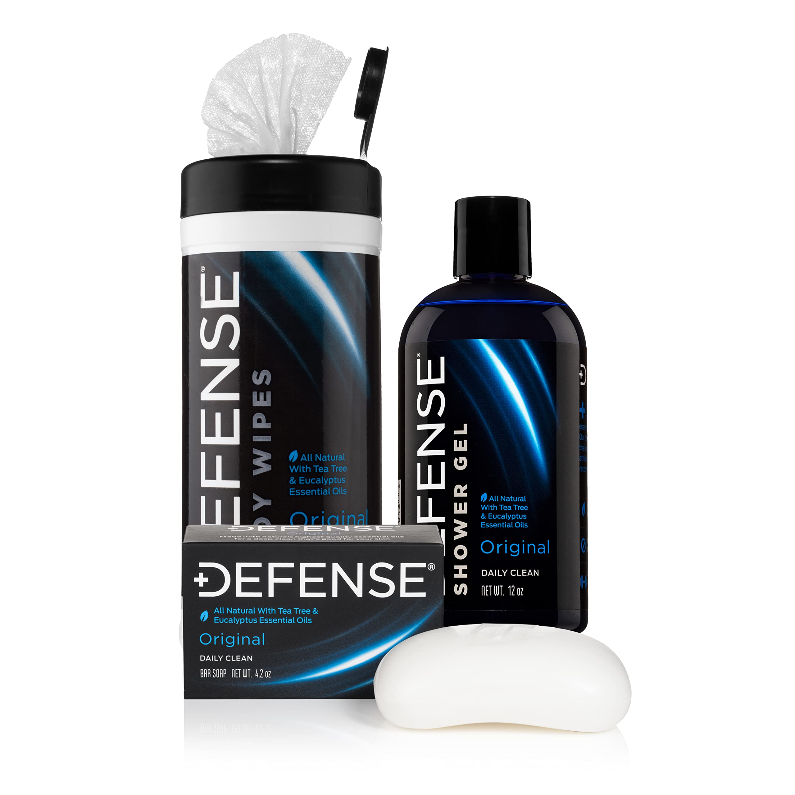 Defense Soap 4 Oz Bar & 12 oz Body Wash with Tea Tree Body Wipes (40 Count) - Natural Antifungal Formula with Tea Tree Oil, Eucalyptus Oil, Rosemary & Aloe Vera - Ideal for Athletes, Gym & Post-Workout Hygiene