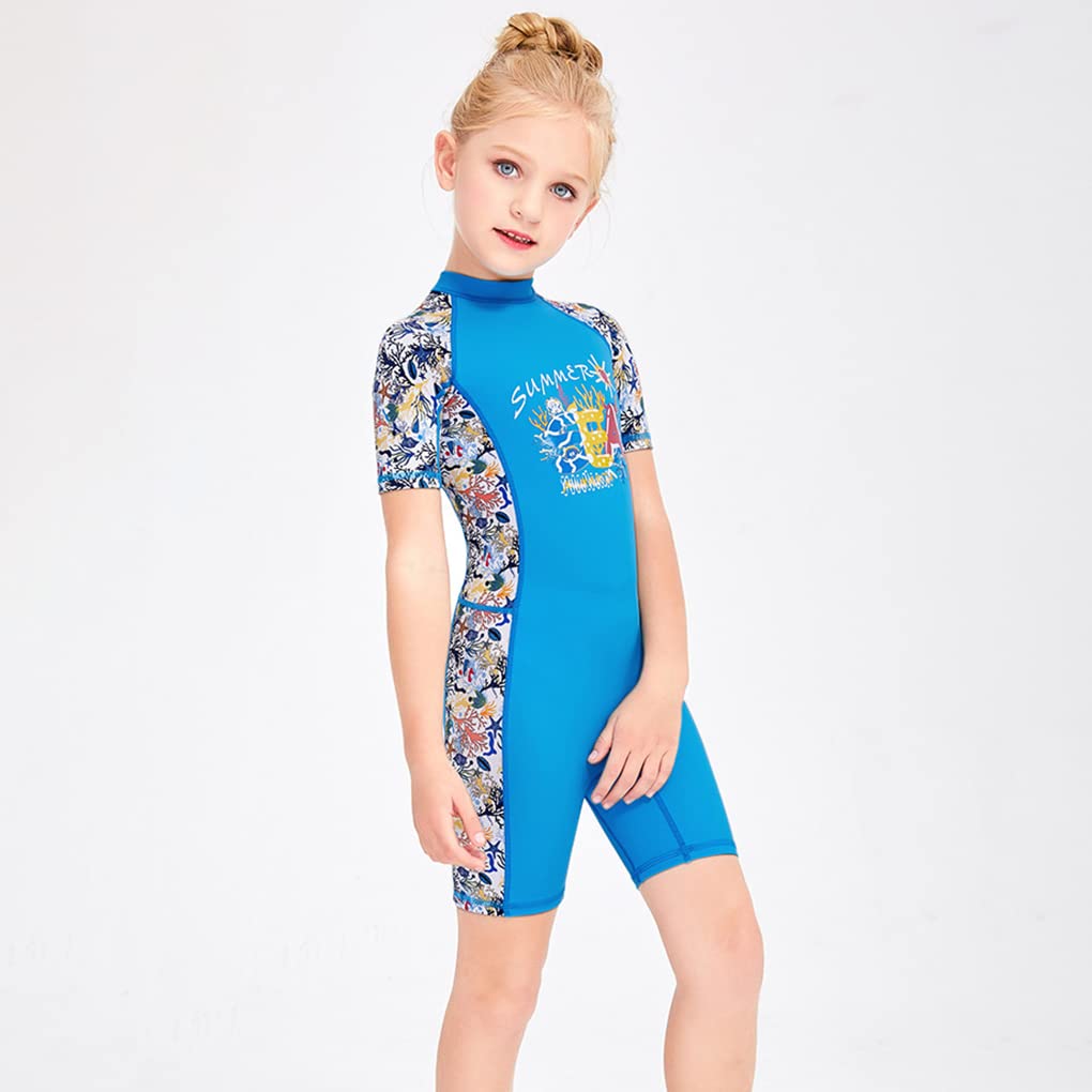 UV Protection Kids Short Sleeve Wetsuit for Girls - Blue Round Neck Diving Swimsuit, Size M - Perfect for Swimming, Snorkeling & Beach Activities
