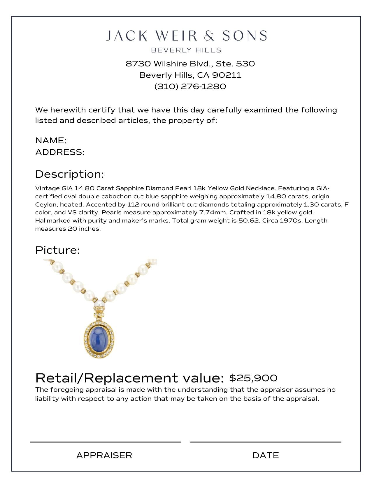 Vintage GIA Certified 14.80 Carat Sapphire Diamond Pearl 18K Yellow Gold Necklace - Perfect for Weddings, Anniversaries & Special Occasions