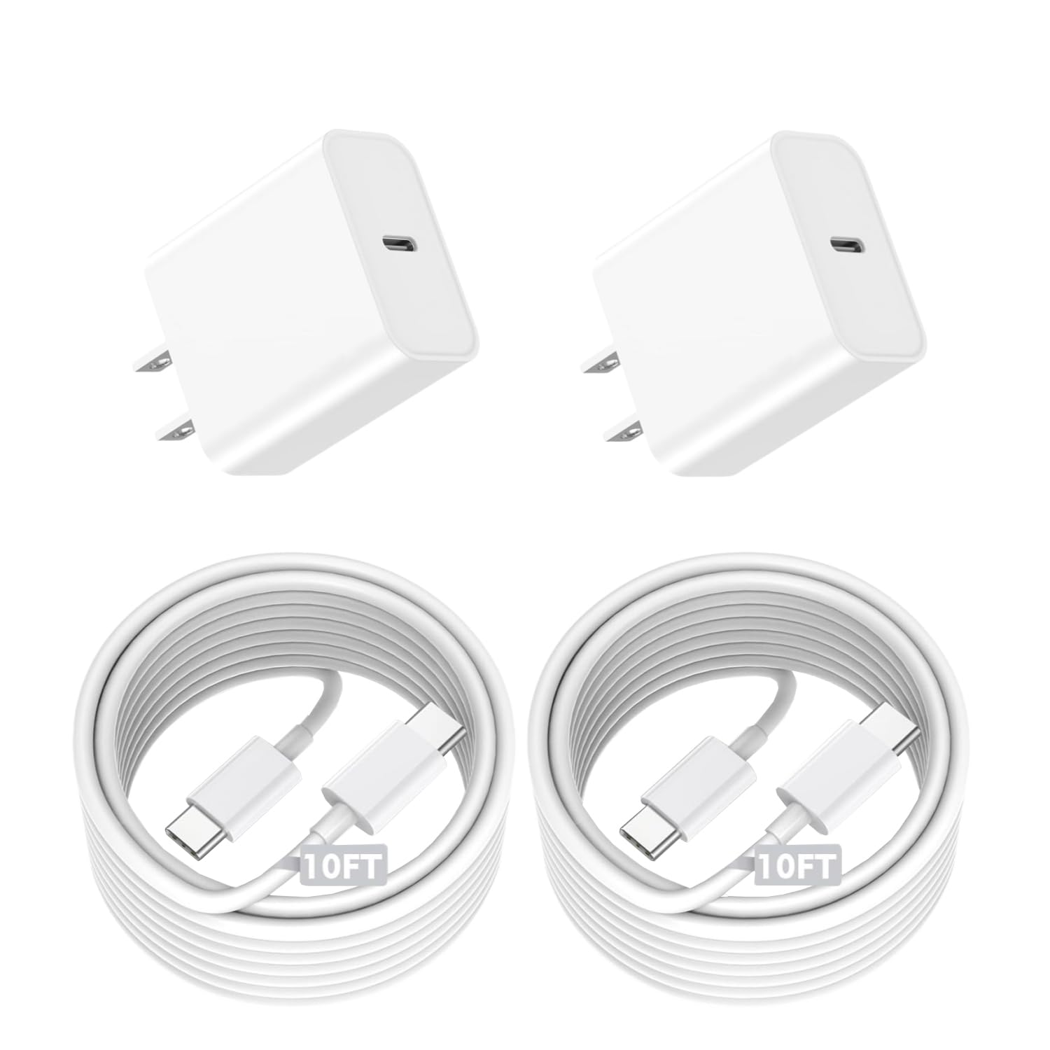 2-Pack 60W USB-C to USB-C Fast Charging Cable (10FT) & 20W USB-C Wall Charger - Compatible with iPhone 16/15 Series, iPad Pro/Air - Quick Charge for Travel, Home & Office Use