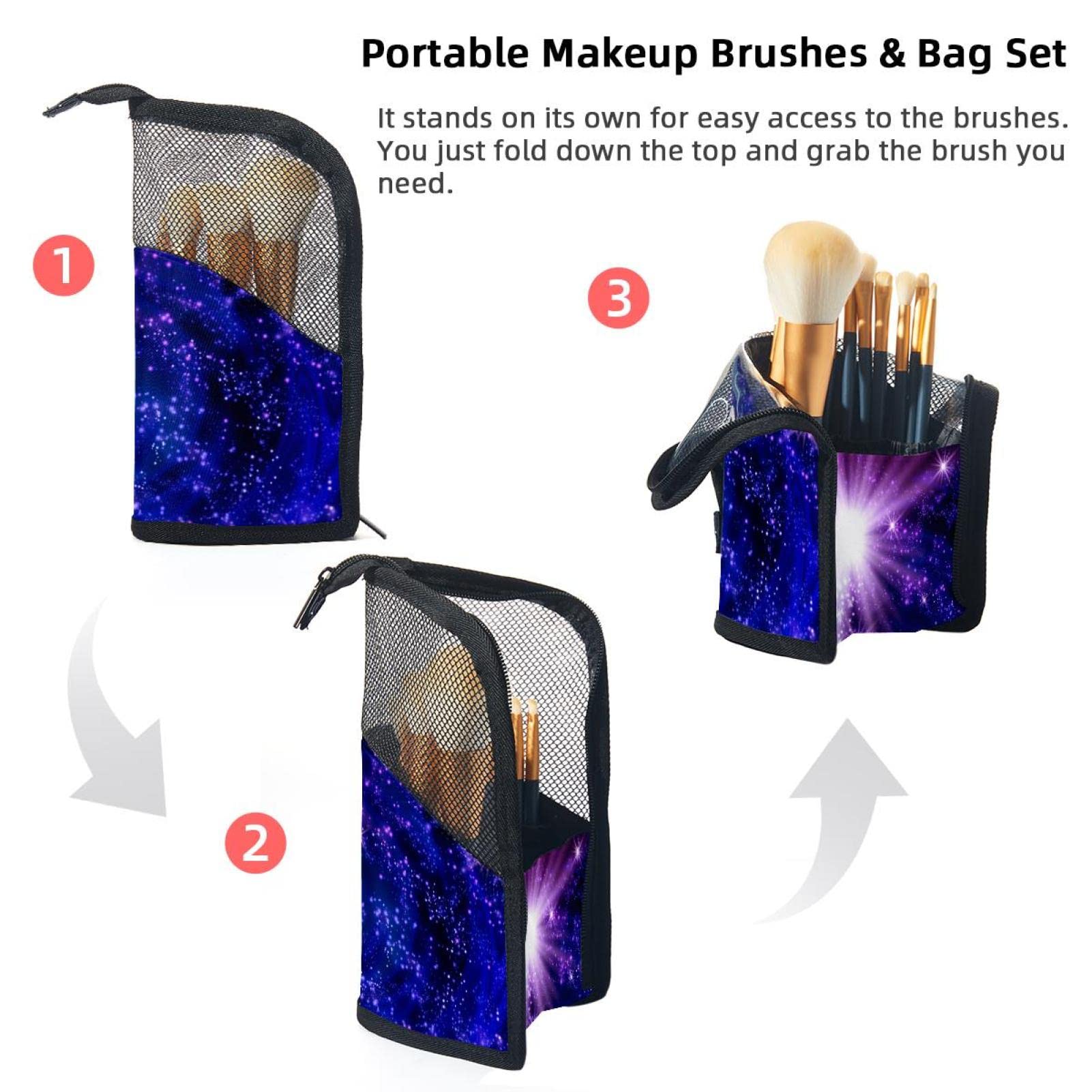 12-Piece Makeup Brush Organizer Bag - Purple Fantasy Universe Design, Portable Travel Cosmetic Brush Holder Case for Professional & Home Use