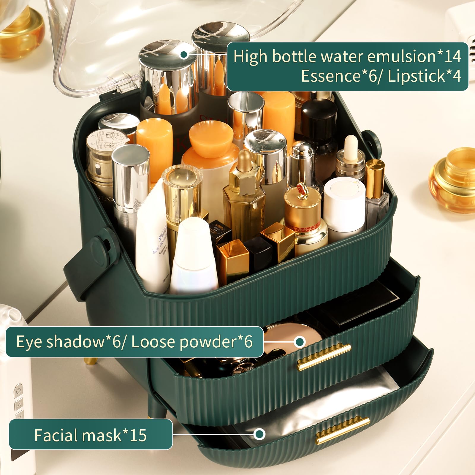 CANITORON Makeup Organizer with 2 Drawers & Clear Cover - Skincare & Cosmetic Storage Case for Vanity, Bathroom Countertop - Perfect for Daily Beauty Routine & Travel (Green)