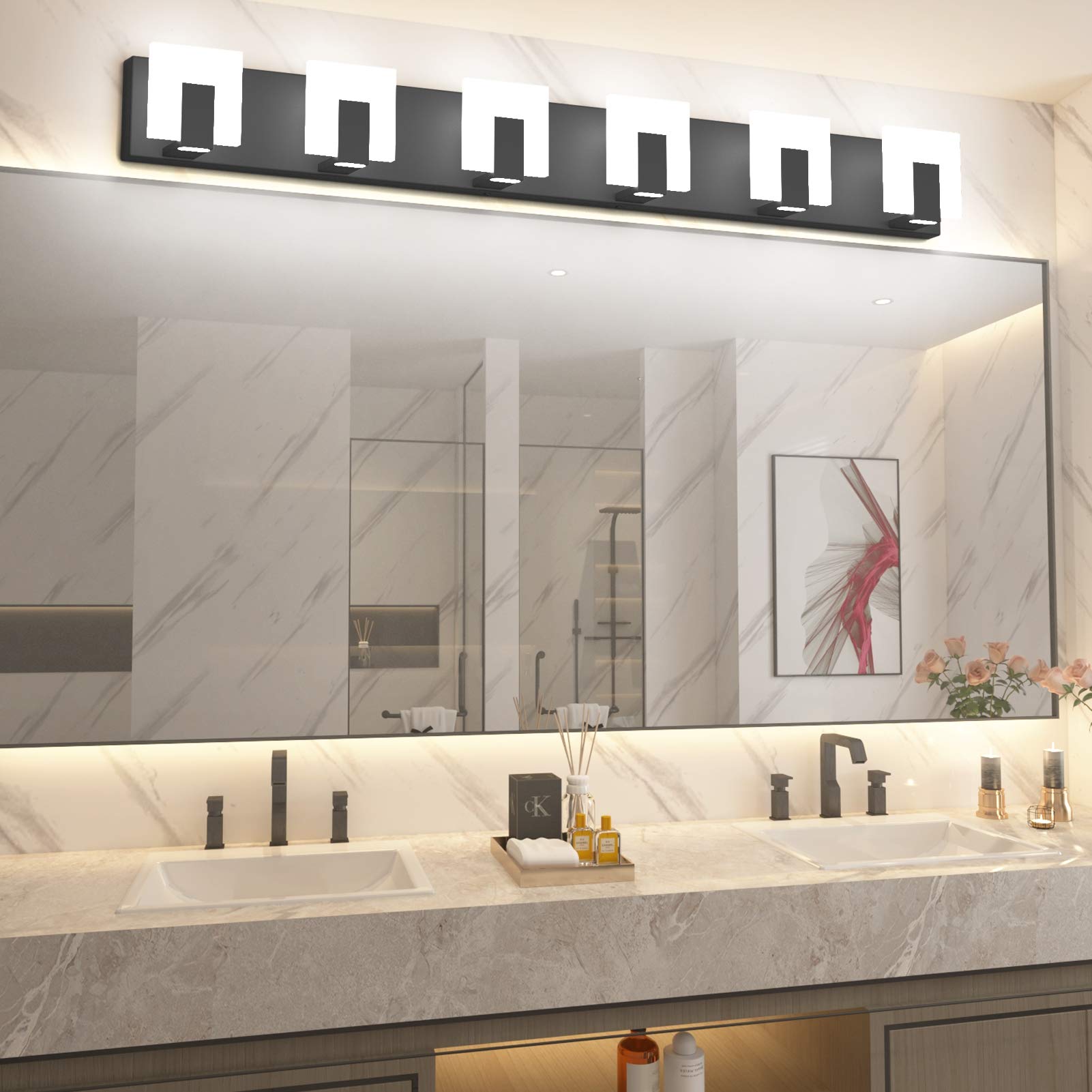 Aipsun 6-Light Modern Black LED Vanity Light Fixture - Up and Down Lighting for Bathroom Wall Mirror - 6000K Cool White - Perfect for Makeup, Shaving & Home Decor