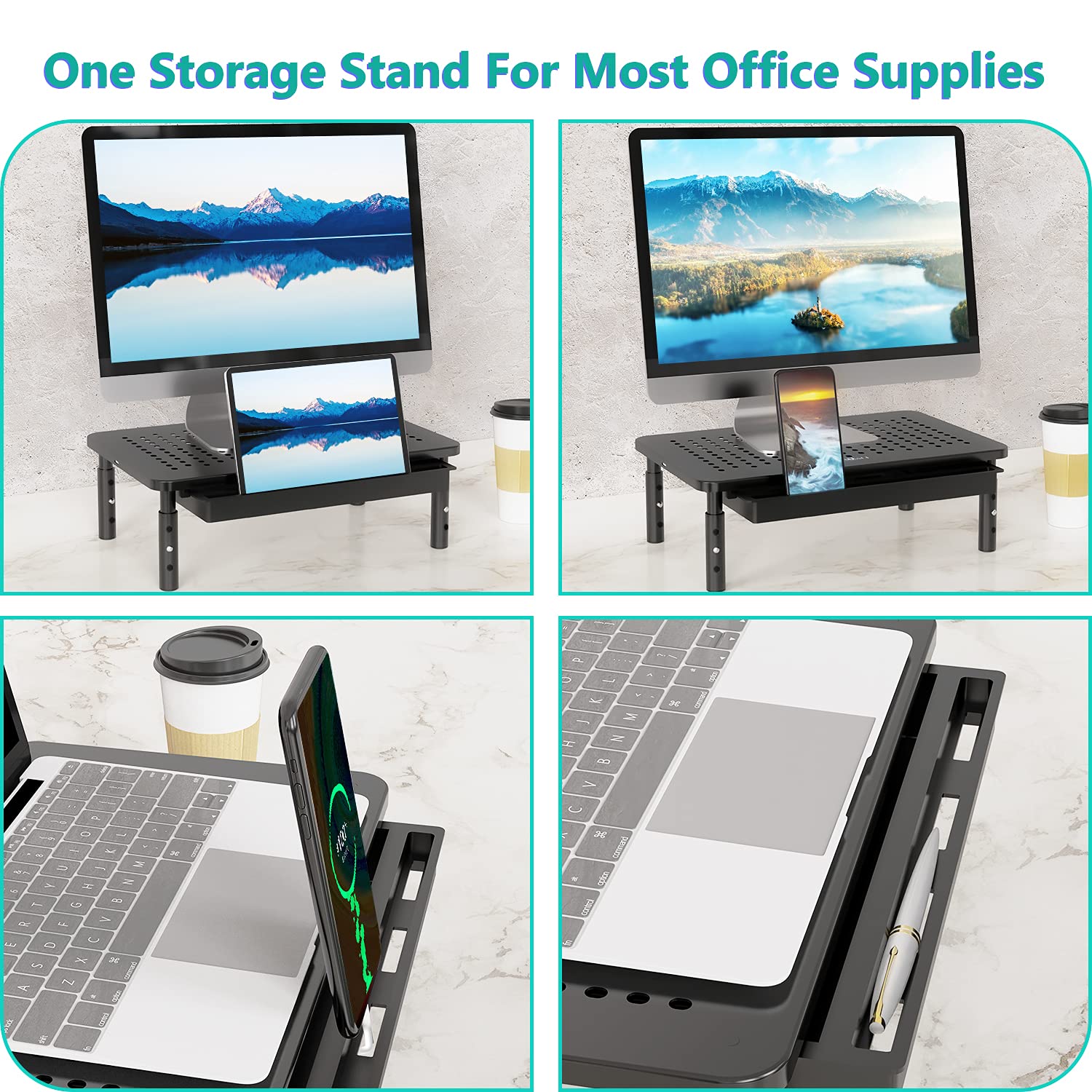 WALI Adjustable Monitor Stand with Storage - 3 Height Settings, Laptop Riser with Airflow Vents, Desk Organizer for Computer, Printer & Notebook (STT003D-B) - Perfect for Home Office, Gaming Setup & Workspace Organization (Black, 1 Pack)