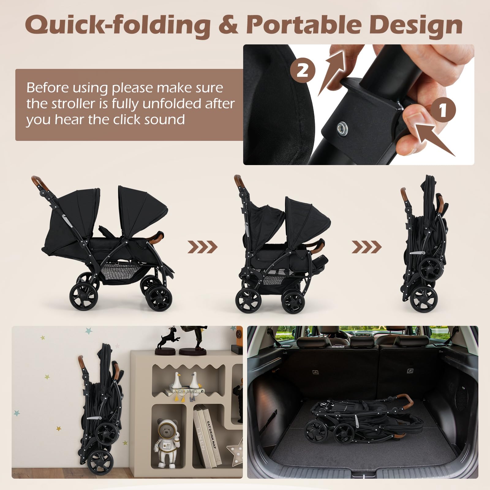 INFANS Double Stroller - Foldable Tandem Baby Stroller with Adjustable Backrest, Canopy & Footrest | 5-Point Safety Harness, Large Storage Basket | Compact Convertible Twin Stroller for Infants & Toddlers | Perfect for Shopping, Travel & Outdoor Walks