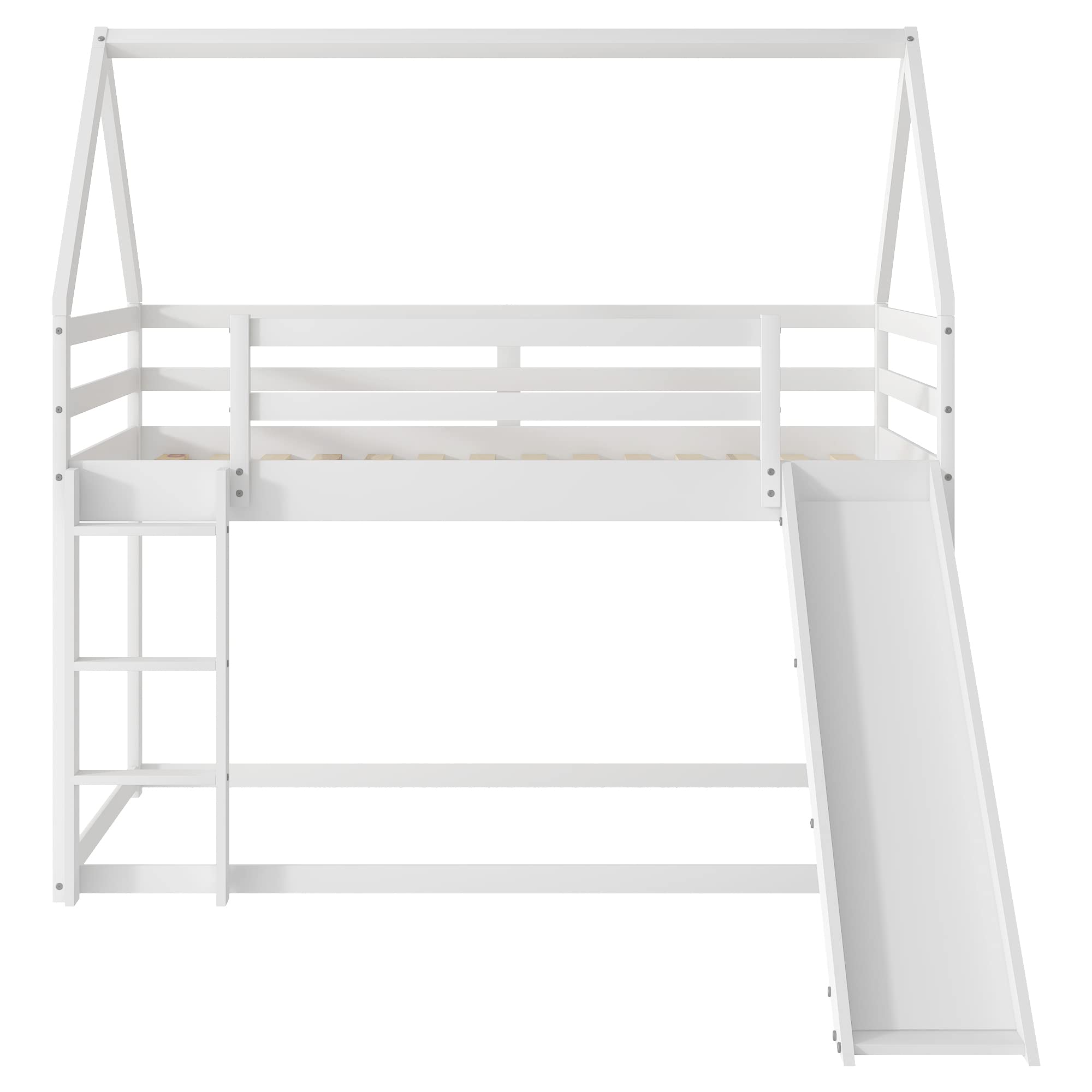 Harper & Bright Designs Twin Over Twin Bunk Bed with Convertible Slide, Ladder, Roof & Safety Guardrails - Kids Floor Bunk Bed in White | Perfect for Small Bedrooms, Sleepovers & Space-Saving Kids' Rooms