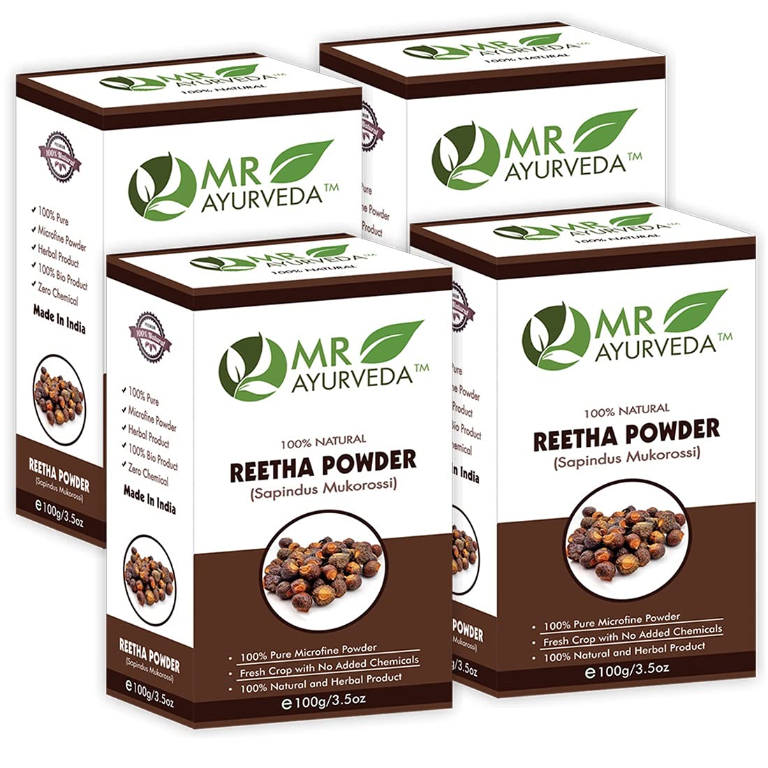 Organic Reetha Powder for Hair & Skin Care - 100% Natural Ayurvedic Soapnut Powder for Face Wash, Scalp Treatment & Glowing Skin - Chemical-Free Herbal Remedy (Set of 4, 400g) - Perfect for DIY Beauty, Natural Shampoo & Holistic Wellness Routines
