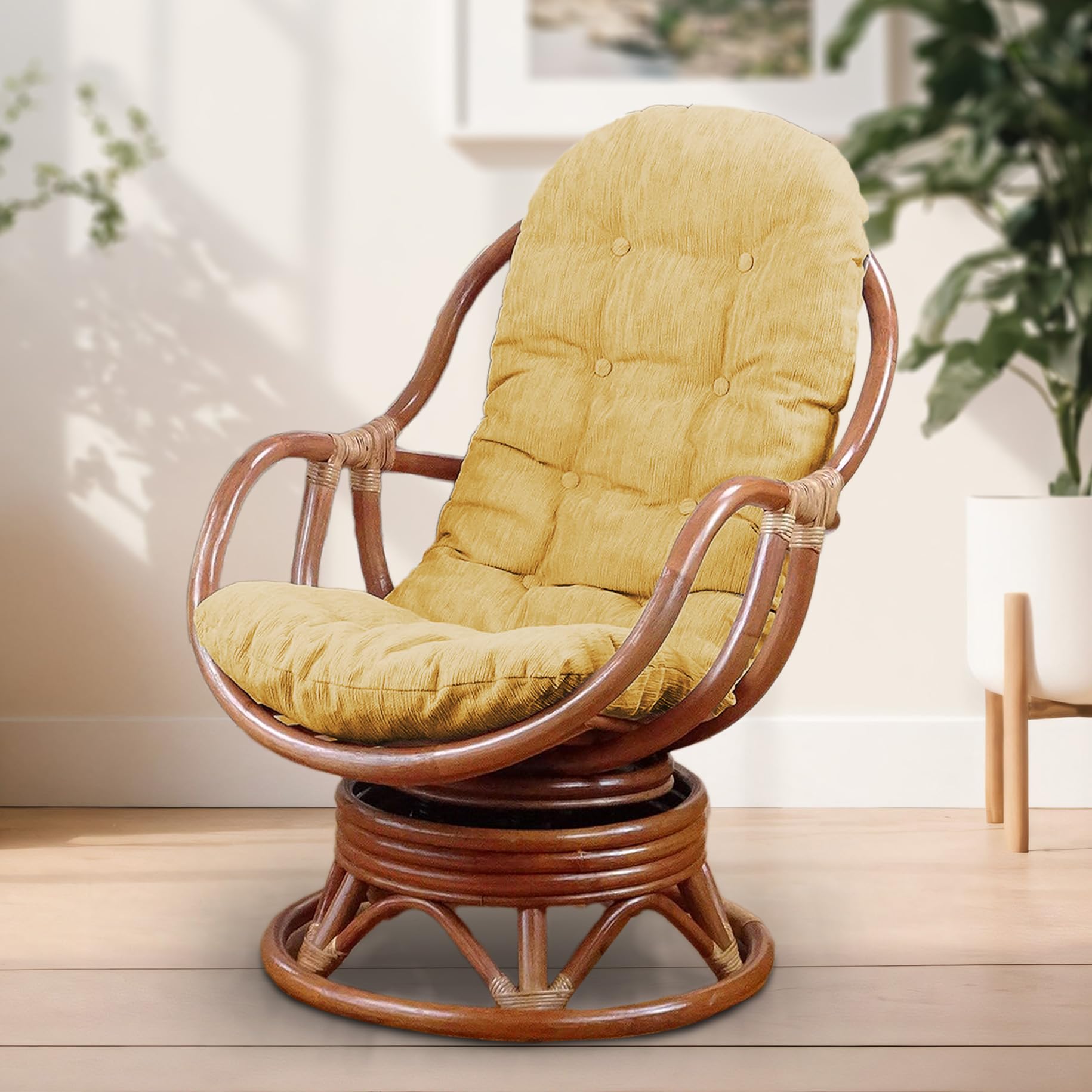 Handmade Natural Rattan Wicker Swivel Rocking Chair with Light Brown Cushion - Bali Lounge Colonial Style for Patio, Porch & Living Room Relaxation