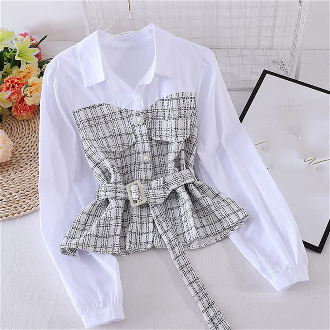 Women's Loose Fit Long Sleeve Plaid Shirt - Autumn Korean Style Stitched 2 Piece Blouse Top for Casual Wear & Office Outfits