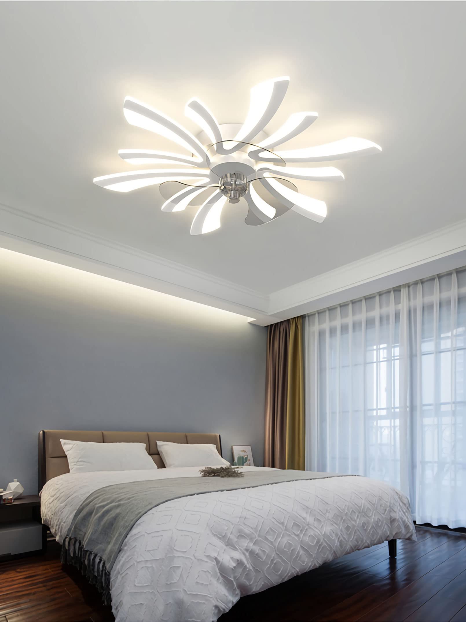 Modern 6-Light LED Ceiling Fan with Remote Control - Quiet Dimmable Lighting for Bedroom, Dining Room & Living Room - Energy Efficient White Fan Light for Home & Office Use