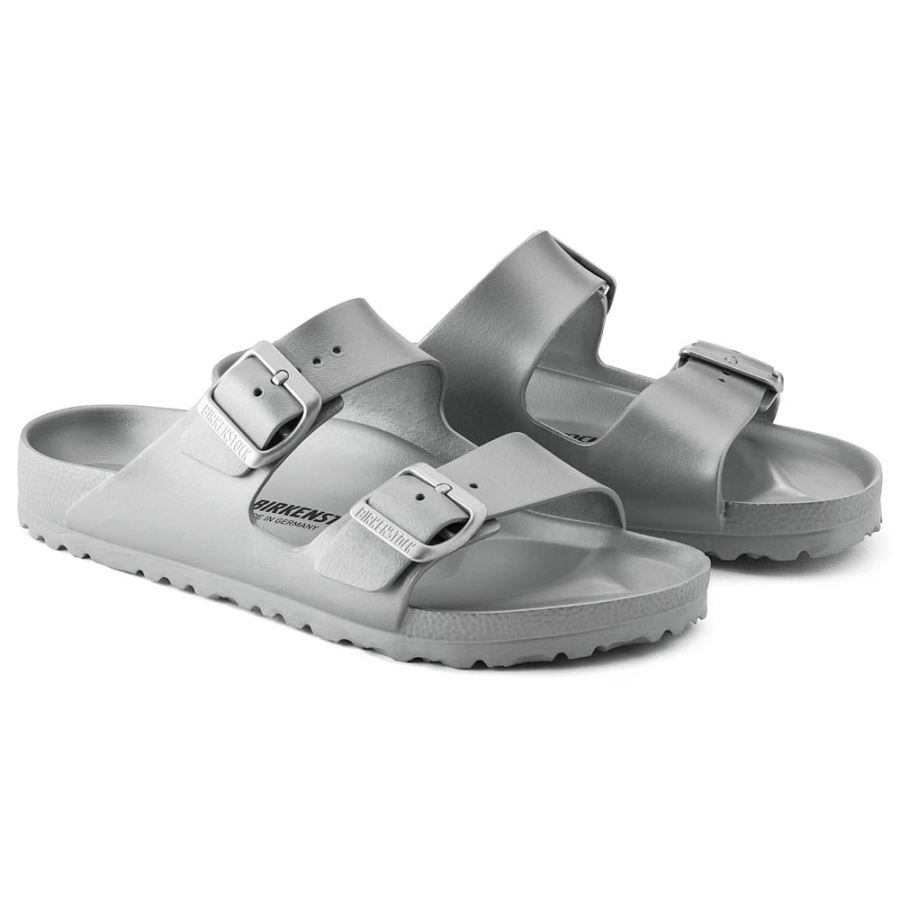 Birkenstock Unisex Arizona EVA Sandals Narrow Fit Metallic Silver | Comfortable Lightweight Slides for Beach, Pool & Casual Wear