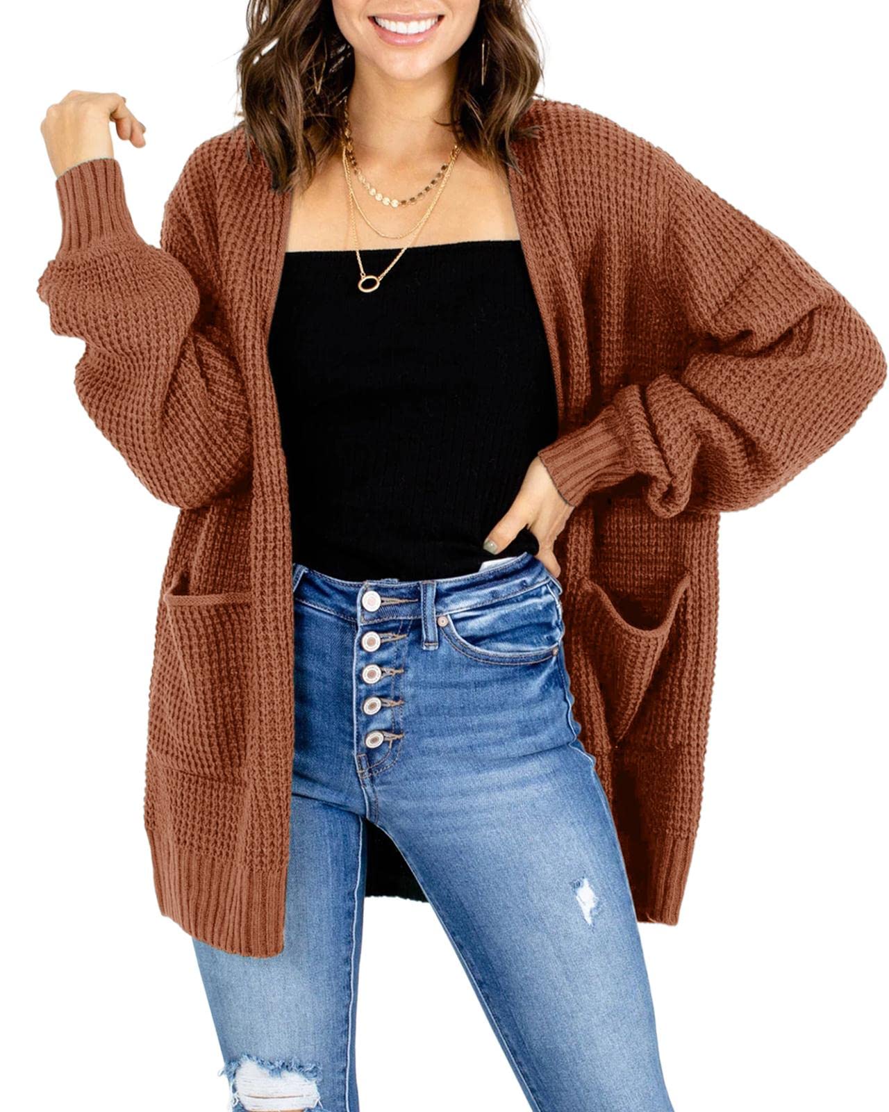 Misassy Women's Lightweight Open Front Waffle Knit Cardigan Sweater - Long Sleeve Oversized Pocket Cardigan for Casual Wear, Office & Fall Layering
