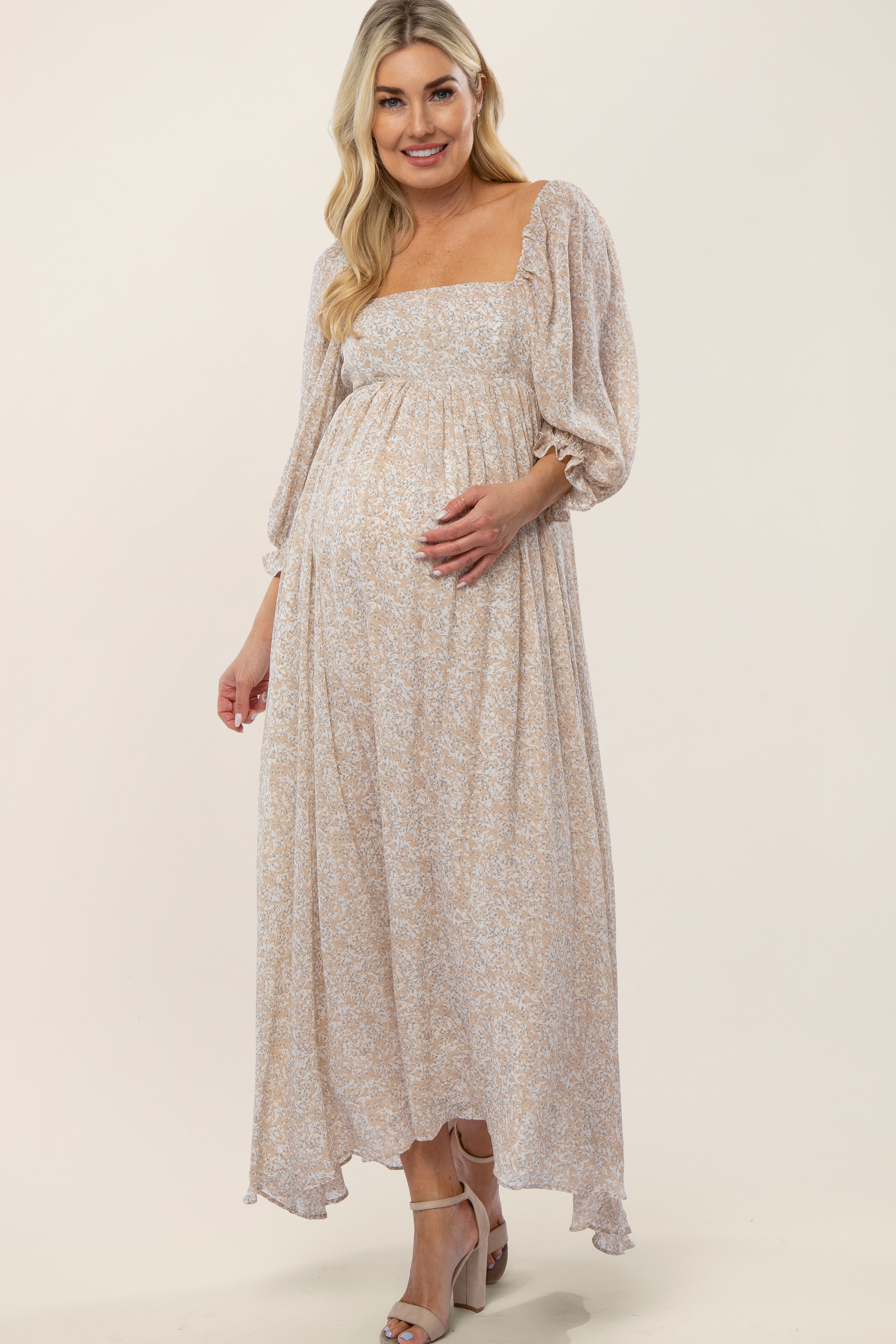 Beige Chiffon Printed Square Neck Empire Waist Maternity Maxi Dress for Pregnancy, Nursing & Special Occasions - Flowy Summer Wedding Guest Dress & Photoshoot Outfit