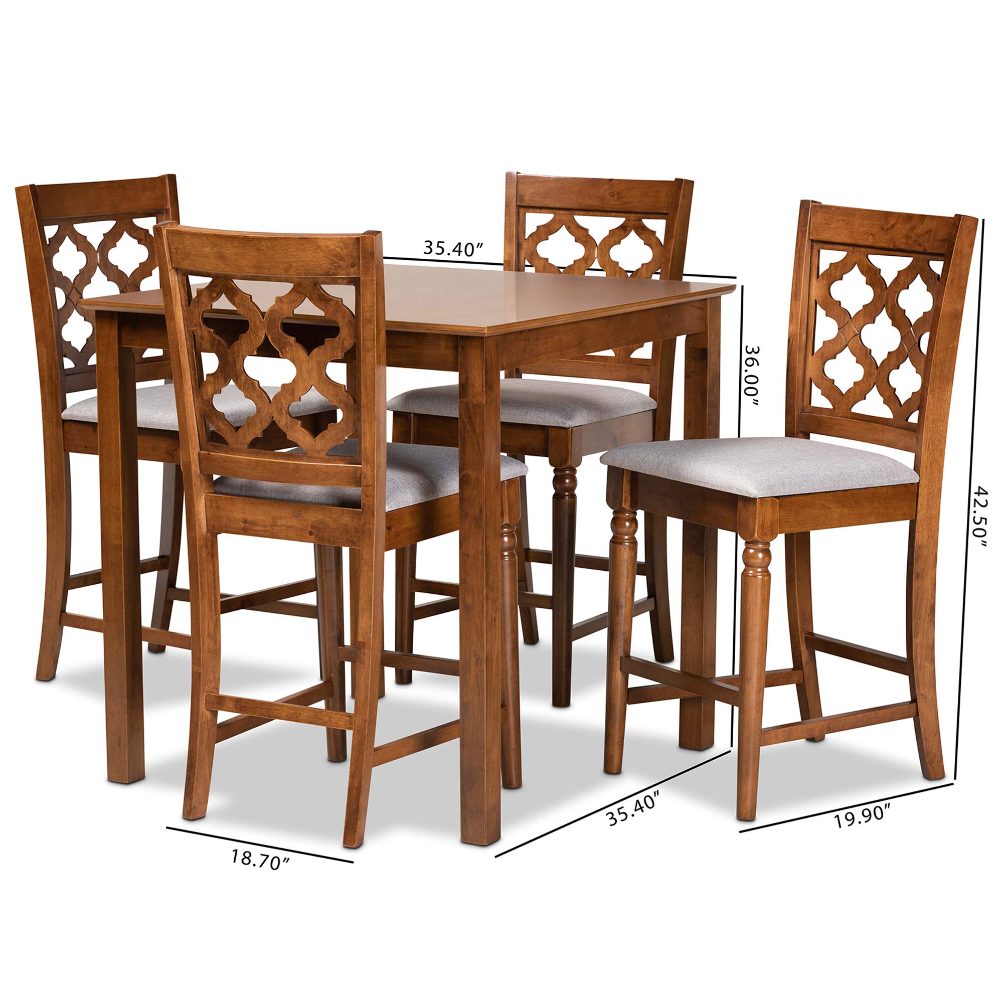 Baxton Studio Ramiro 5-Piece Pub Set - Grey Fabric Upholstered Bar Stools with Walnut Brown Wood Finish - Perfect for Kitchen Islands, Home Bars & Entertainment Spaces