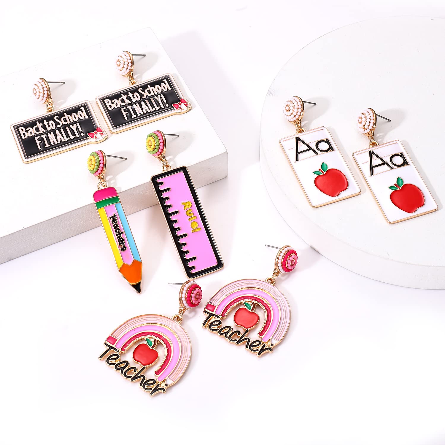 4 Pairs Enamel Rainbow Pencil Dangle Earrings for Women - Fun Teacher Jewelry Set, Back to School Accessories, Math Teacher Gift, Statement Drop Earrings for Classroom, Teacher Appreciation Day & Everyday Wear