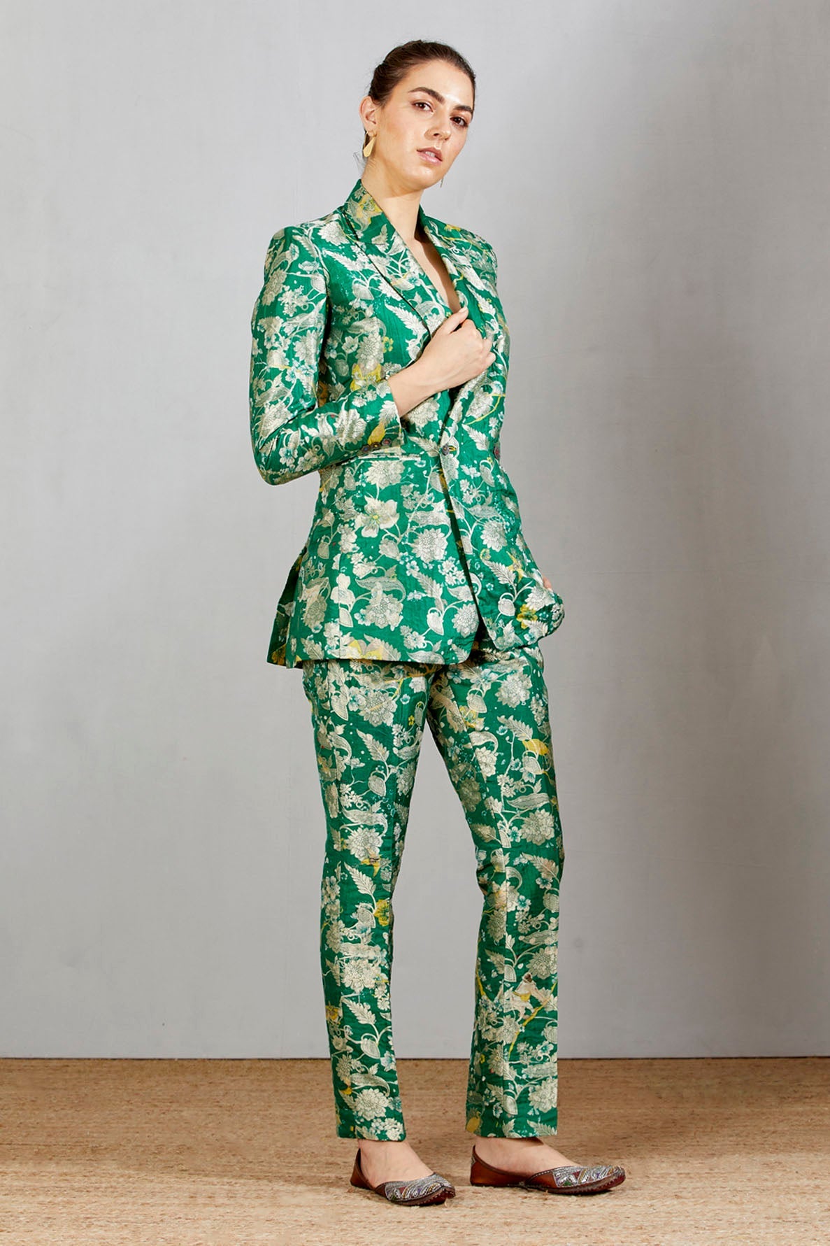 Luxury Double Breasted Blazer for Women - Green Silk Brocade Jacket - Perfect for Office Wear, Business Meetings & Formal Events