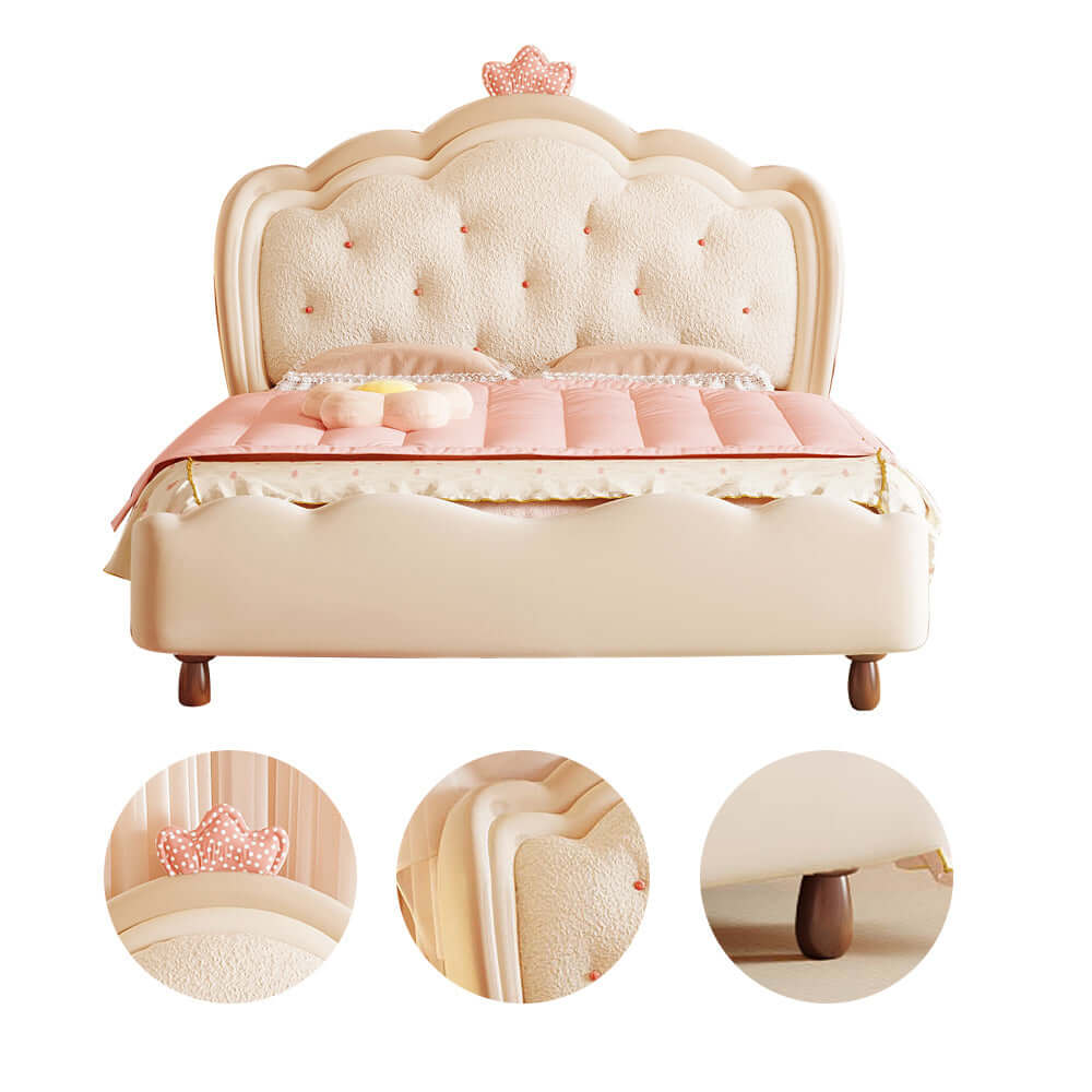 Modern Pink & White Wooden Princess Bed for Kids - Cream Style Elegant Design for Girls' Bedroom Decor & Sleep Comfort