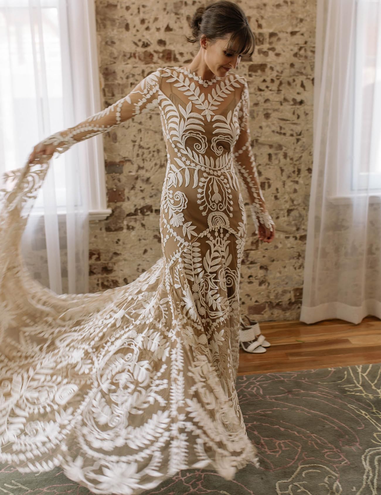 Elegant Western Wedding Dress with Train - 2 Piece Long Sleeve Floral Lace Sheath Bridal Gown for Country Bride | Perfect for Rustic, Boho, and Outdoor Weddings
