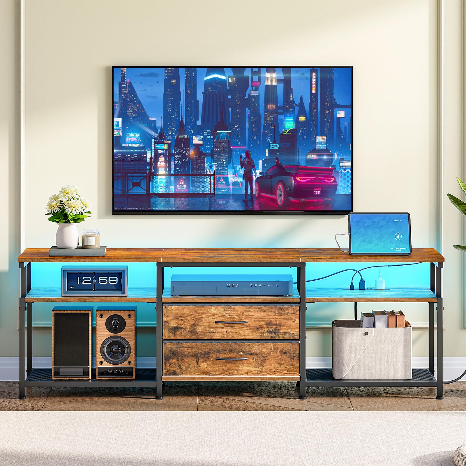 HOOBRO 75 Inch TV Stand with Power Outlet & LED Lights - Modern Rustic Brown Entertainment Center with 2 Non-Woven Drawers - Perfect for Living Room, Bedroom Home Theater Setup (Model BF55UDDS01)