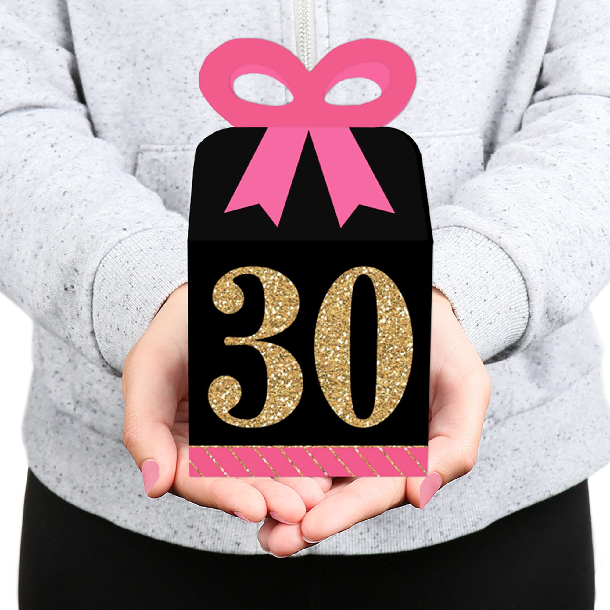 Chic 30th Birthday Gift Boxes - Pink, Black & Gold - Set of 12 for Party Favors