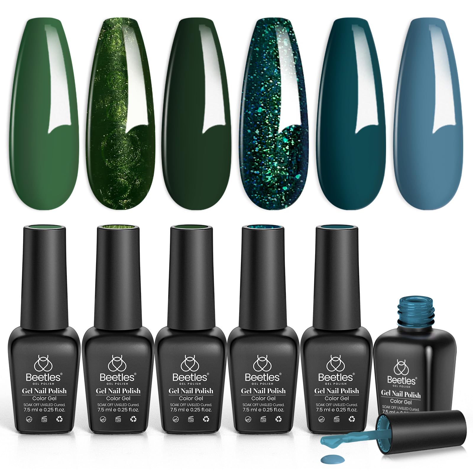 Beetles Green Gel Nail Polish Set - 6 Colors Forest Dark Green Soak Off UV LED Gel Polish Kit for DIY Manicure | Home & Salon Use | Perfect for Fall/Winter Nail Art & Special Occasions