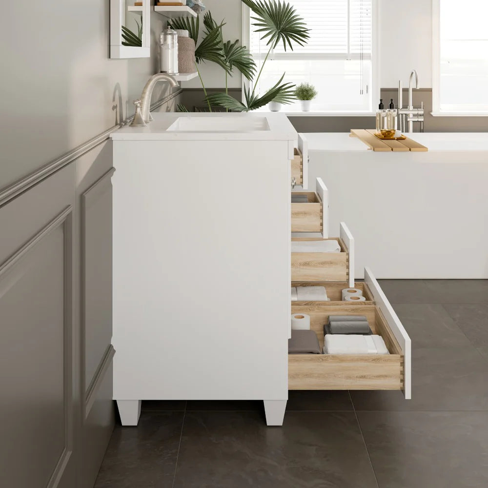 Eviva Acclaim 30 Inch Bathroom Vanity with Carrara Quartz Countertop - Modern White Bathroom Sink Cabinet for Small Spaces, Perfect for Powder Rooms and Guest Bathrooms