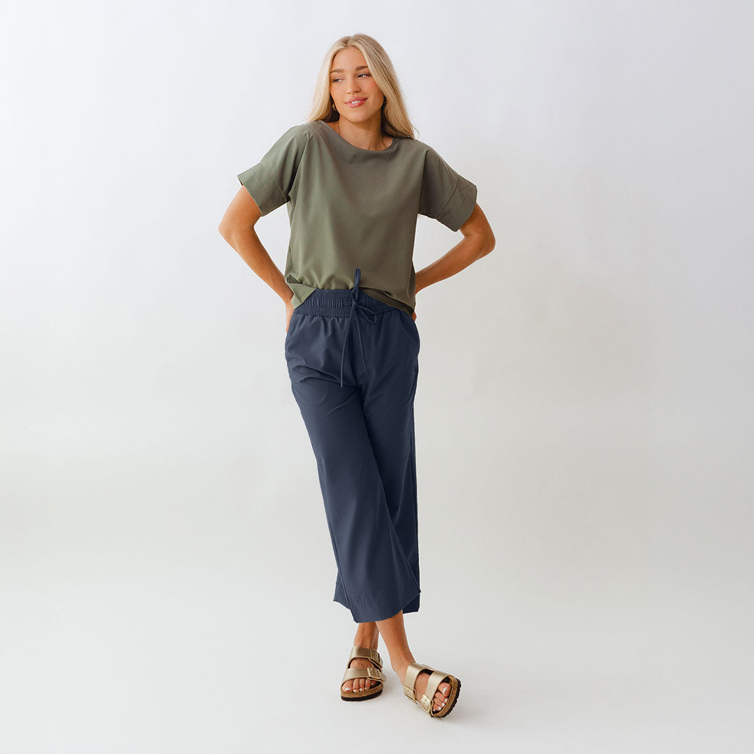 Audrey Wide Leg Pants for Women - True Blue High Waisted Flowy Trousers | Perfect for Office, Casual Wear & Travel