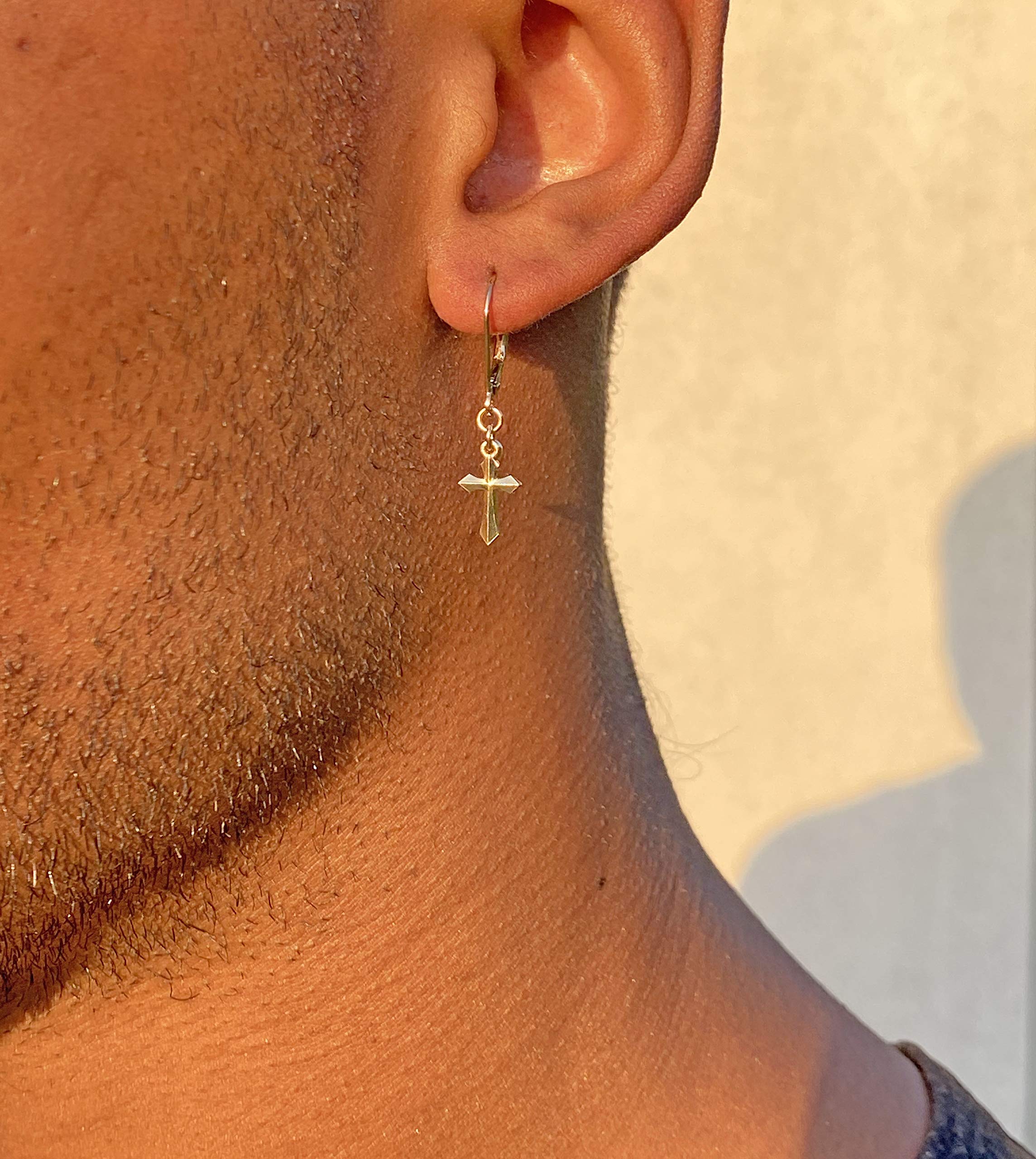 14K Gold Small Dangle Cross Earrings for Men & Women – Handmade in USA – Solid 14K Yellow Gold Pair (2 Earrings) – Perfect for Everyday Wear, Gifts & Religious Occasions