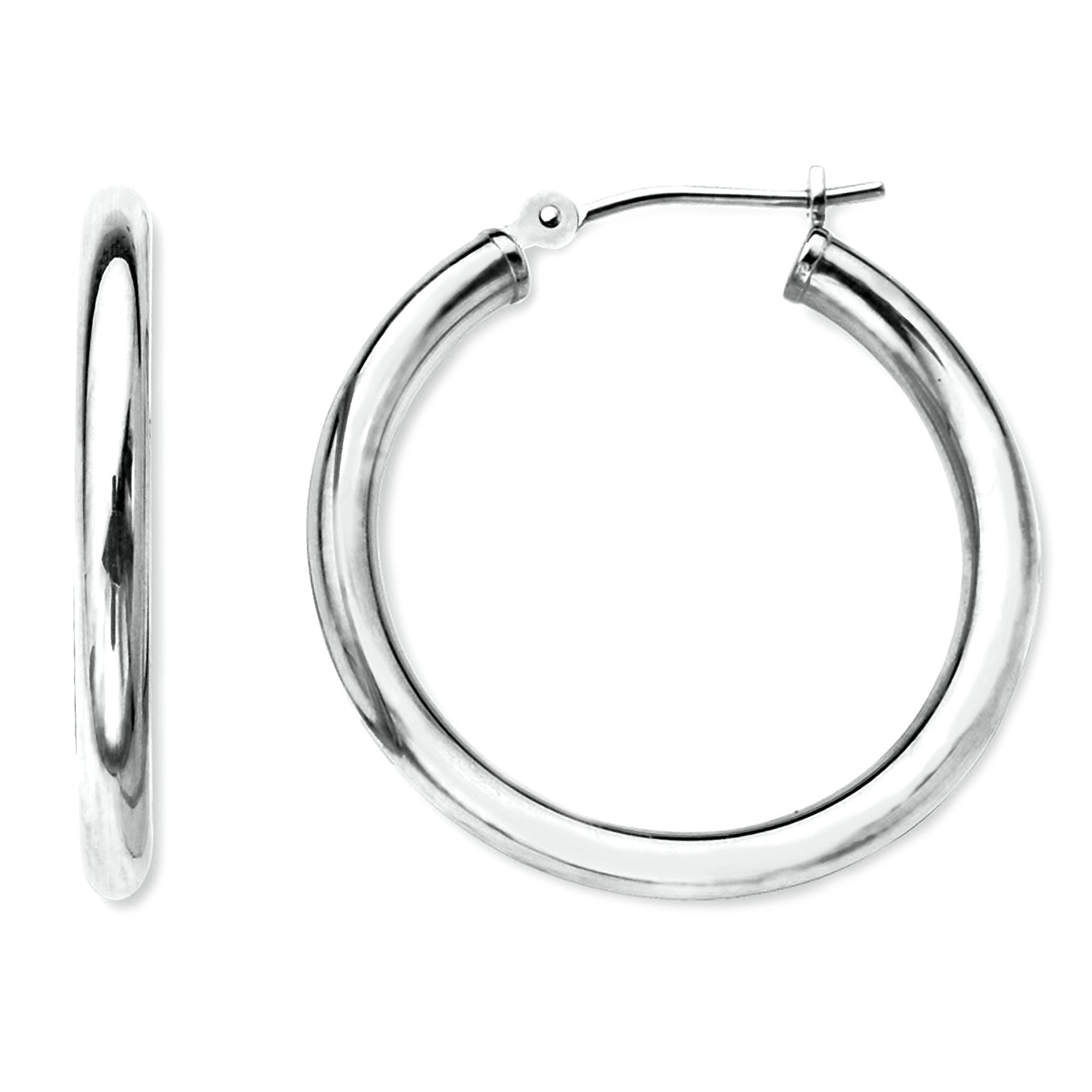 10K White Gold 2mm Shiny Round Tube Hoop Earrings for Women - Hypoallergenic Classic Stud Earrings for Everyday Wear, Gift Giving & Special Occasions