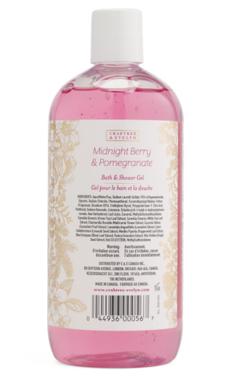 Crabtree & Evelyn Midnight Berry & Pomegranate Body Wash & Shower Gel - 16.9 fl oz (500ml) Moisturizing Bath Essential for Dry Skin - Perfect for Nighttime Relaxation & Spa-Like Experience