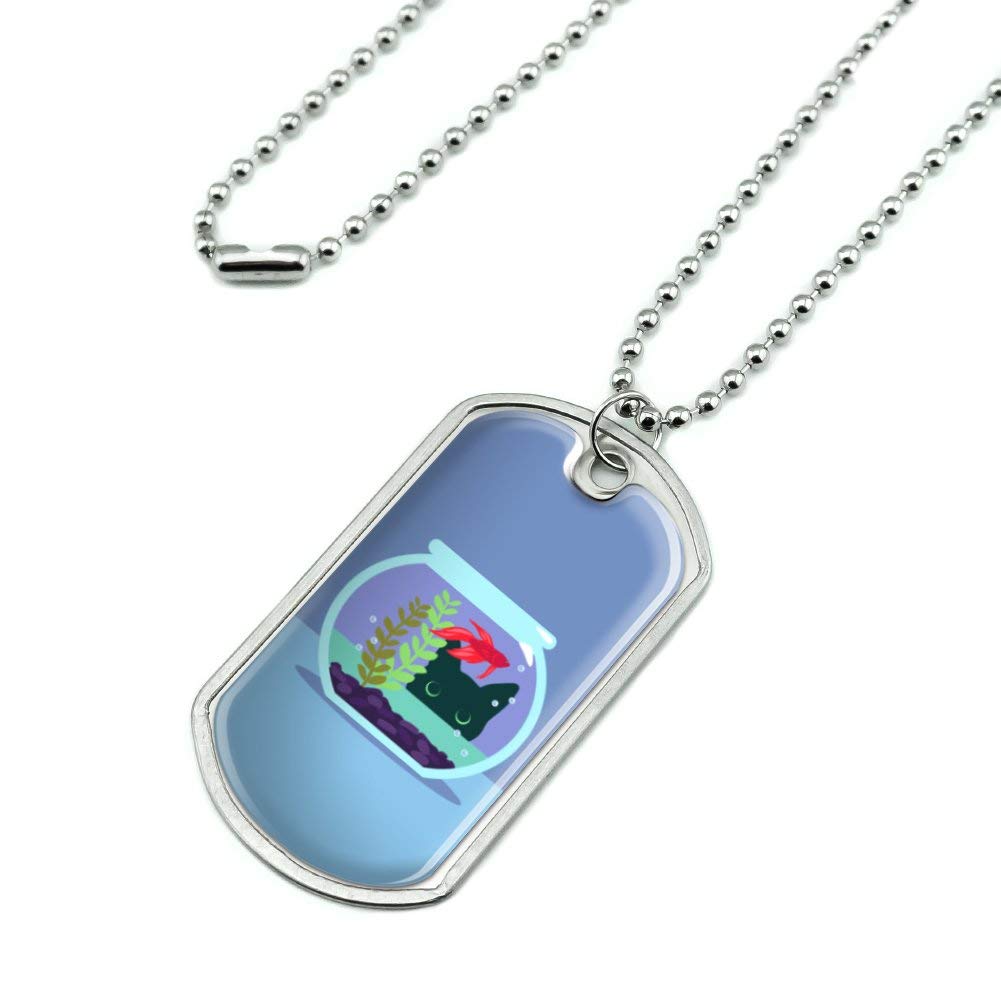 Black Cat Staring at Betta Fish Bowl Military Dog Tag Pendant Necklace with Chain - Unique Gothic Jewelry for Women & Men - Perfect for Halloween, Cosplay, and Alternative Fashion Lovers