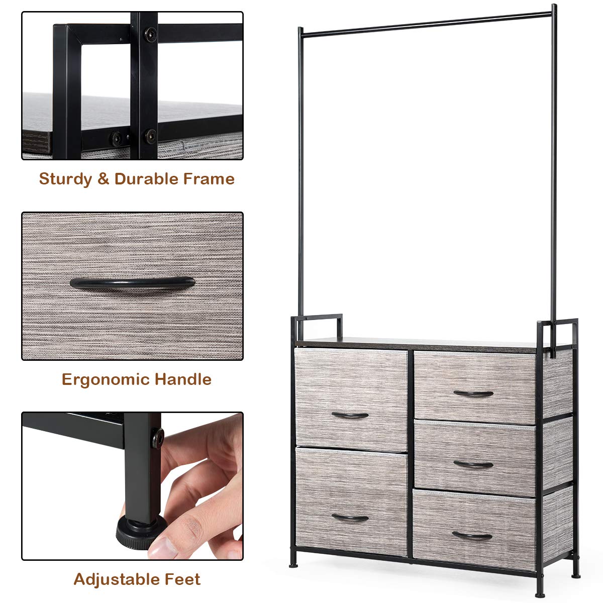 Tangkula 5-Drawer Fabric Dresser with Clothes Rack - Sturdy Metal Frame & Wooden Top Storage Organizer for Bedroom, Closet, Hallway - Perfect for Clothes, Toys, and Home Organization (Gray)