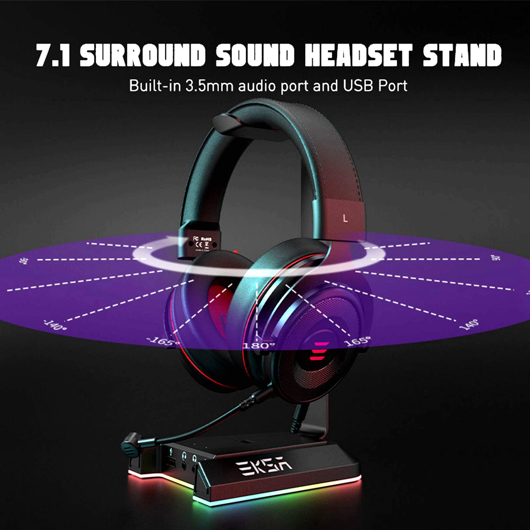 EKSA RGB Gaming Headset Stand with 7.1 Surround Sound - Aluminum Headphone Holder for Desk with 3.5mm Aux & Dual USB Ports - Universal Fit for All Headphones - Perfect for PC Gaming Setup & Home Office Organization