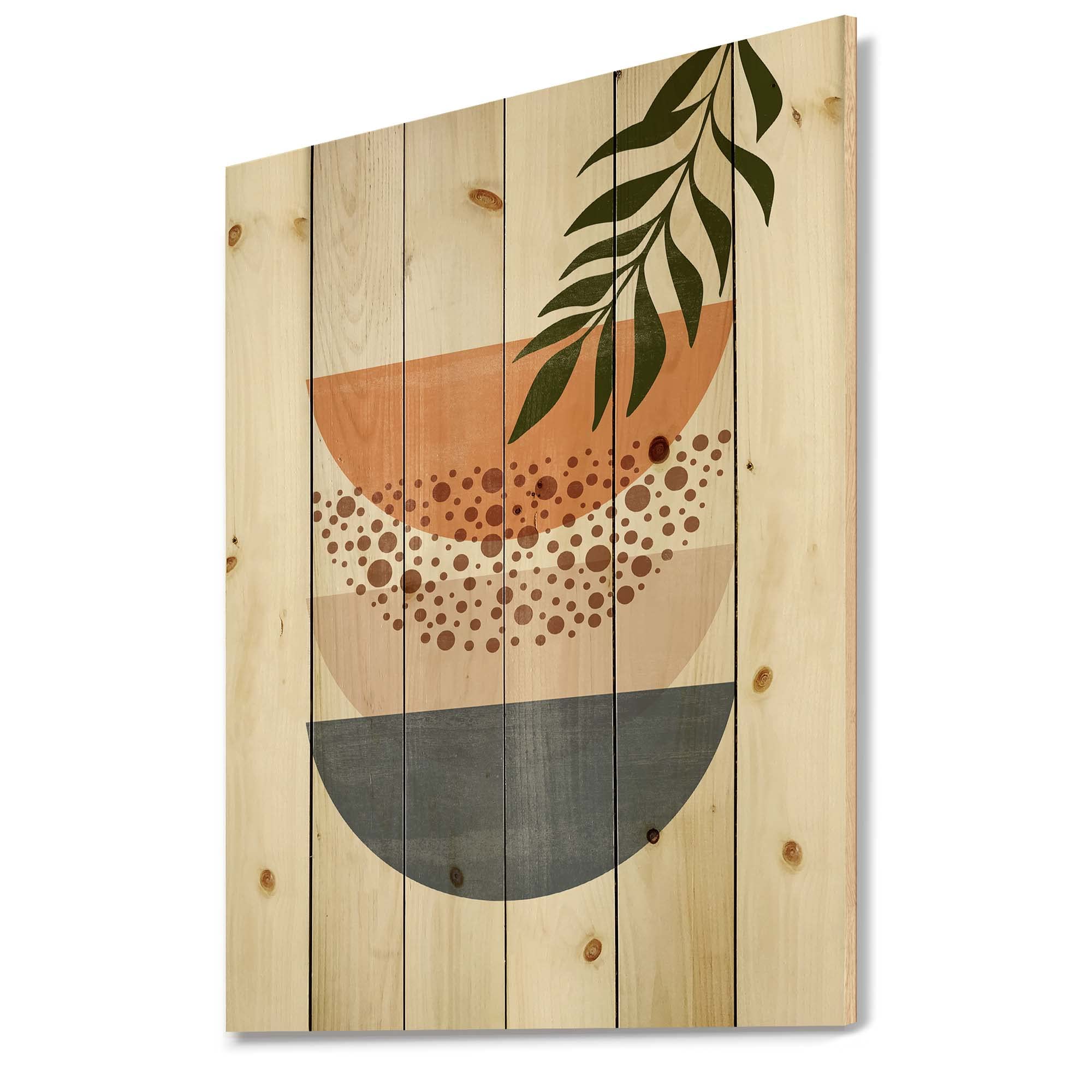 Abstract Geometric Sun and Moon with Leaf III Modern Wood Wall Art - Orange Contemporary Wood Decor, Large Floral Wood Panels Printed on Natural Pine - Perfect for Living Room, Bedroom & Office Decor
