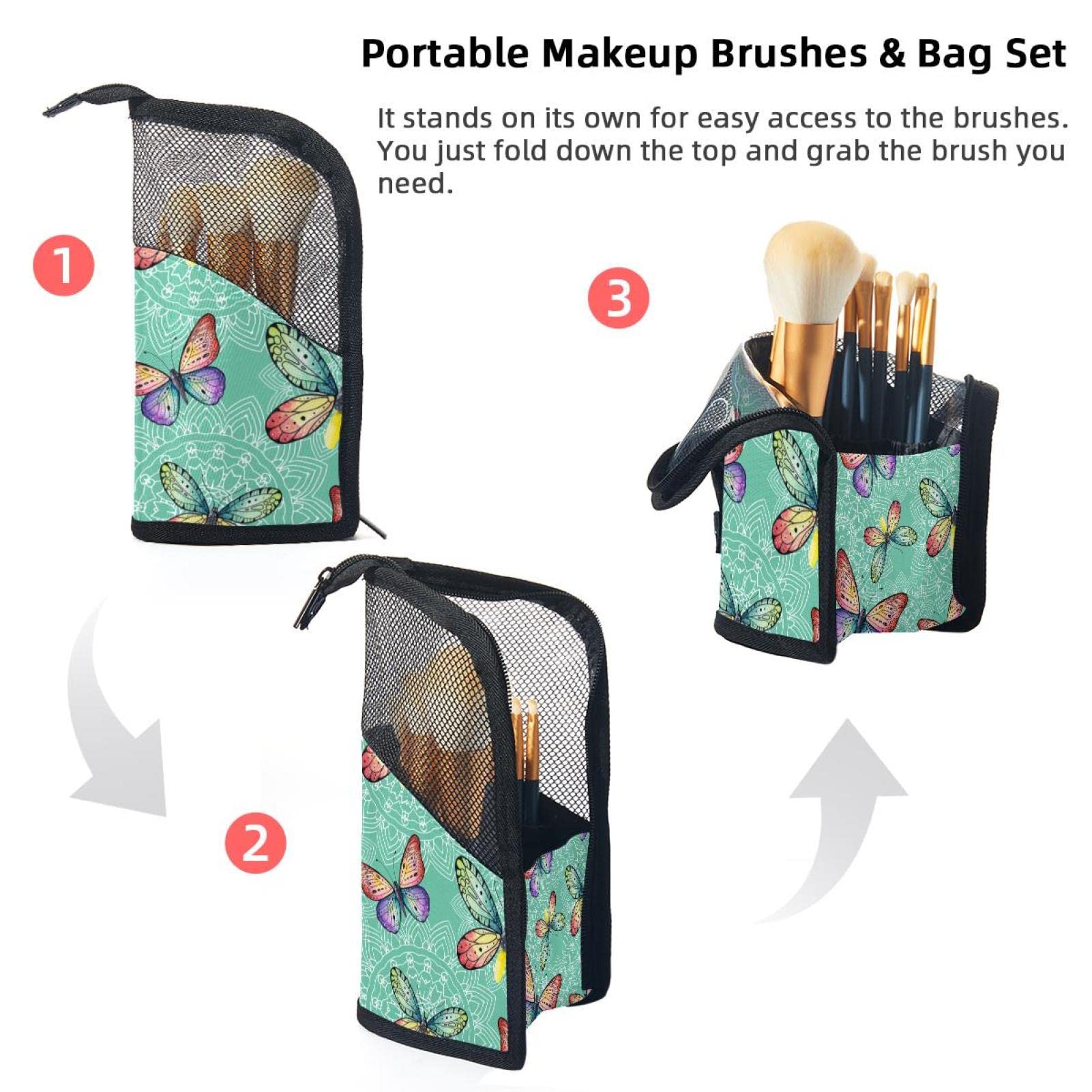 **12-Piece Makeup Brush Organizer Bag with Mandala Colored Butterflies - Portable Makeup Brush Holder Case for Travel & Home Storage**