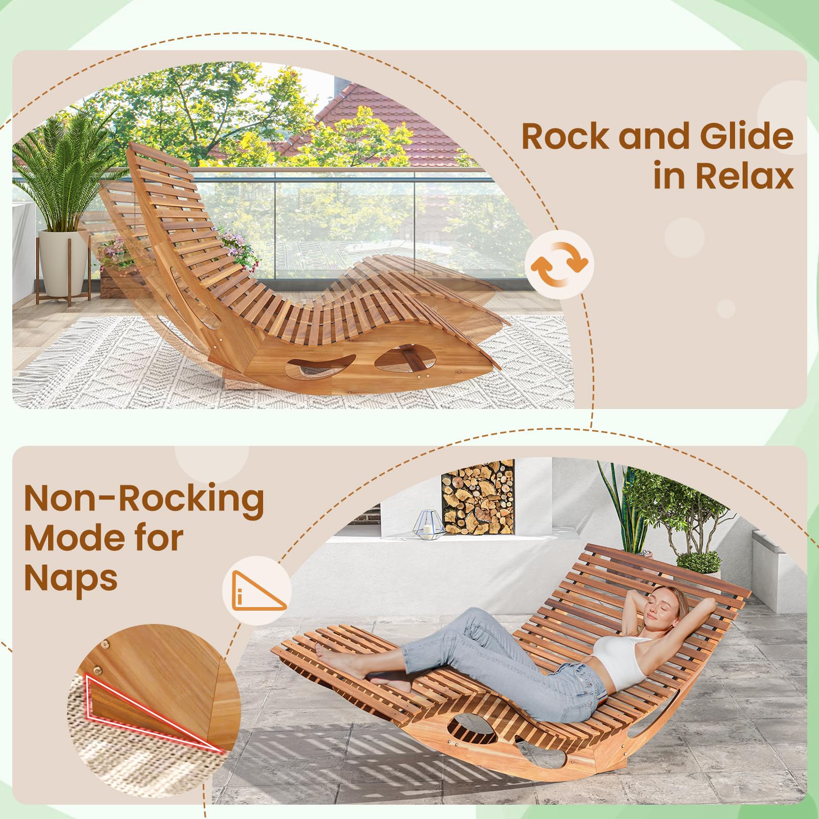 Premium Acacia Wood Double Chaise Lounge - Outdoor Rocking Loveseat with High Back & Slatted Seat, 440 lbs Capacity - Perfect for Patio, Poolside, Garden & Backyard Relaxation