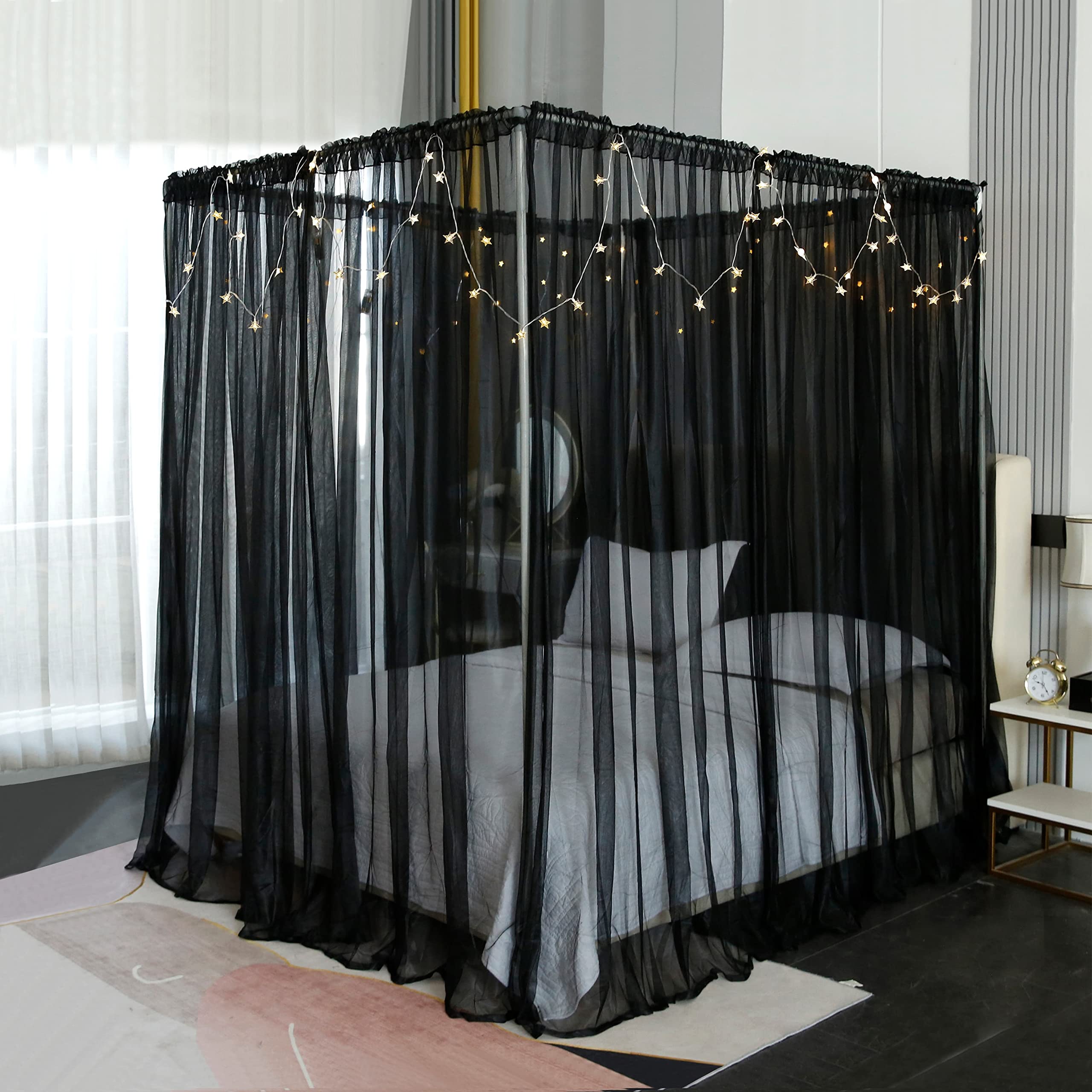 Elegant Black Sheer Canopy Curtains for Girls' Room - 8 Panels with Lights, Twin/Full/Queen/King Size Bed Drapes, Perfect for Bedroom Decor & Princess-Themed Sleepovers