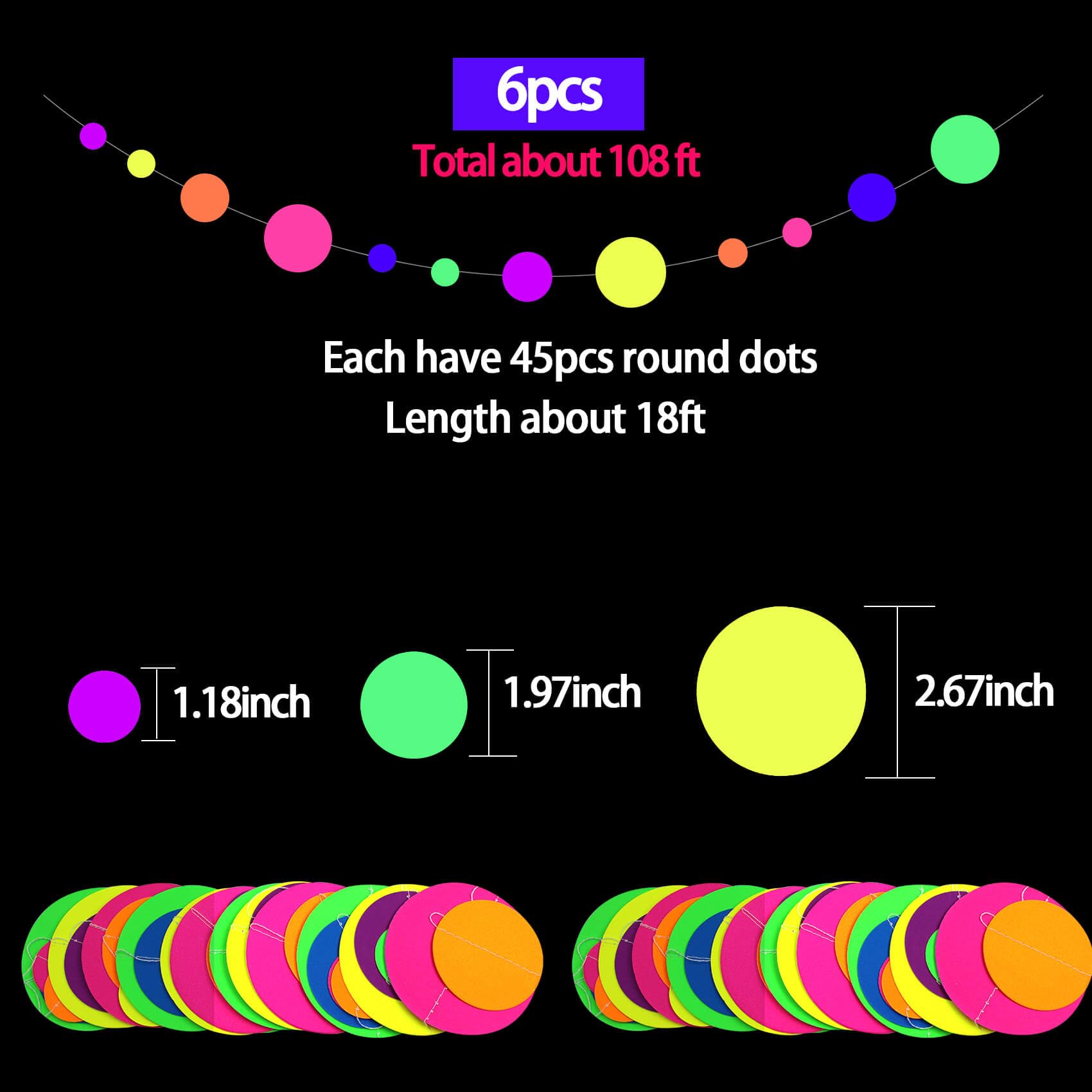 108ft UV Round Dot Neon Paper Streamers - Glow in The Dark Party Decorations for Weddings, Birthdays & Neon Parties | UV Reactive Garland, Glow Party Favors & Neon Banners for Nighttime Celebrations & Club Events