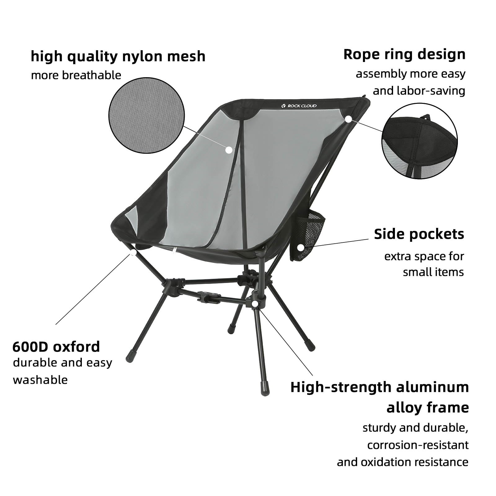 ROCK CLOUD Ultralight Folding Camping Chair - Portable Compact Outdoor Chair for Camping, Hiking, Backpacking, Beach & Lawn Sports (Large, Black) - Perfect for Picnics, Tailgating & Outdoor Adventures