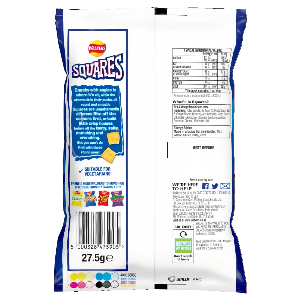 Walkers Squares Salt and Vinegar Crisps - 32 Pack (27.5g Each) | Crunchy Potato Snacks for Parties, Picnics & On-the-Go Snacking