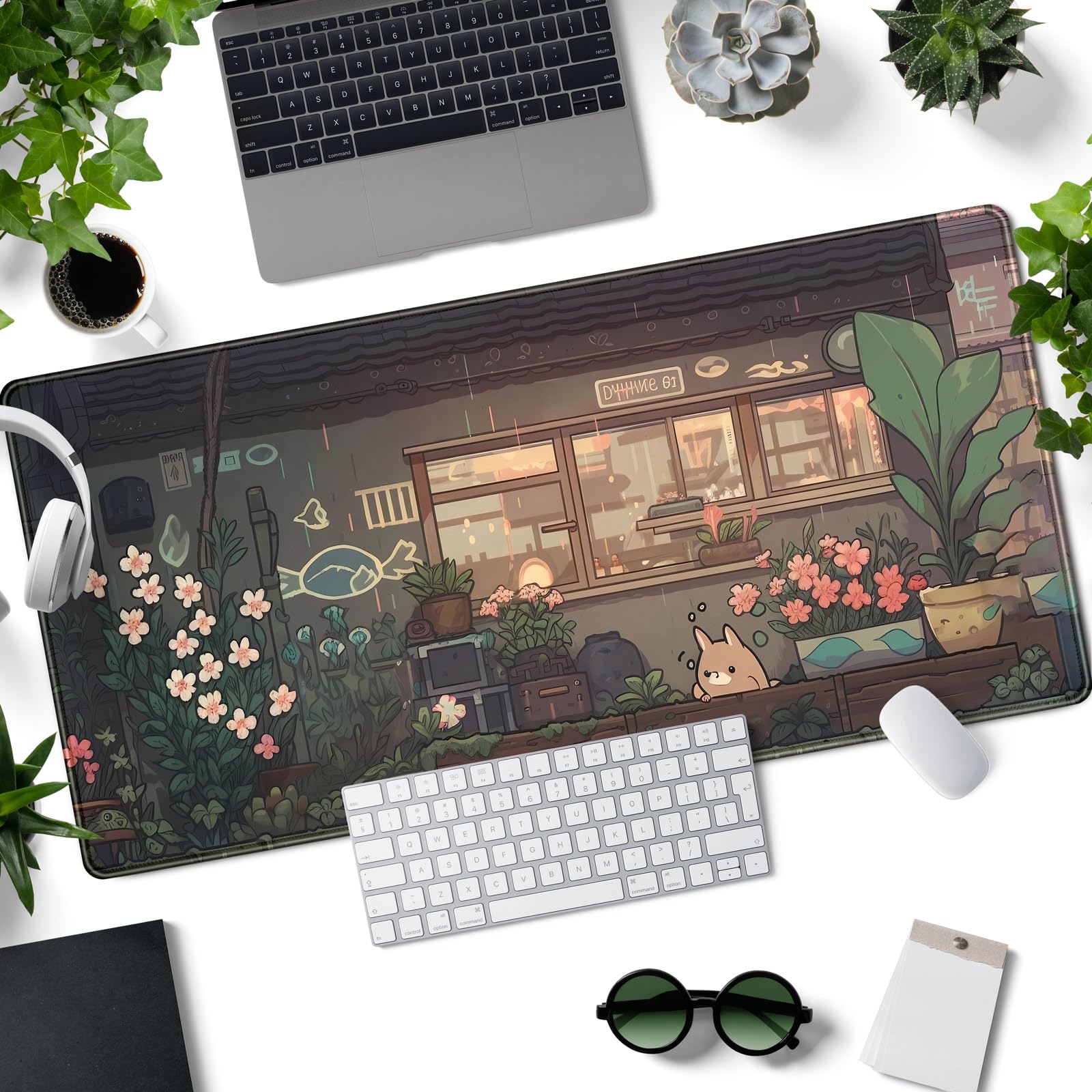 Japanese Anime Kawaii Cat & Green Plants XXL Gaming Mouse Pad - 31.5''x15.7'' Extended Desk Mat for PC, Keyboard & Office Decor | Cute Large Mousepad for Gamers, Anime Fans & Workspace Setup