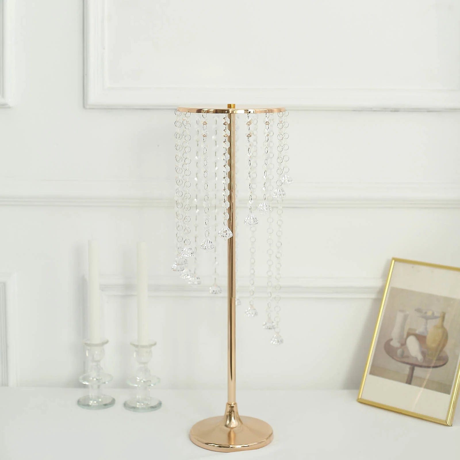 2 Pack Metal Flower Display Stands with Spiral Hanging Crystal Beads - Gold & Clear Wedding Centerpiece Decor for Table, Party, Home Decor