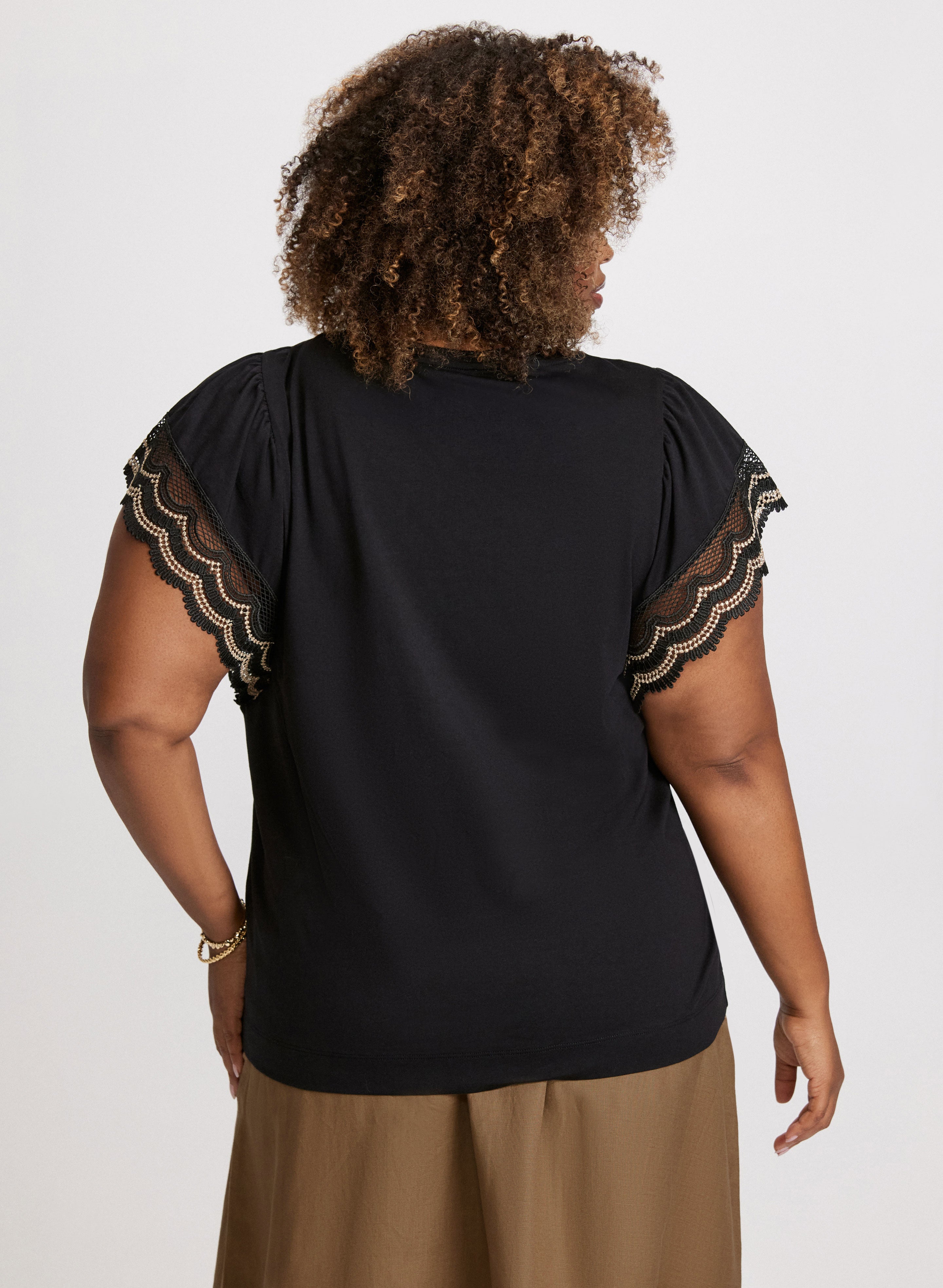 Crochet Trim Cap Sleeve T-Shirt for Women - Soft Cotton Summer Top with Lace Detailing - Perfect for Casual Wear, Beach Outfits & Boho Style Fashion