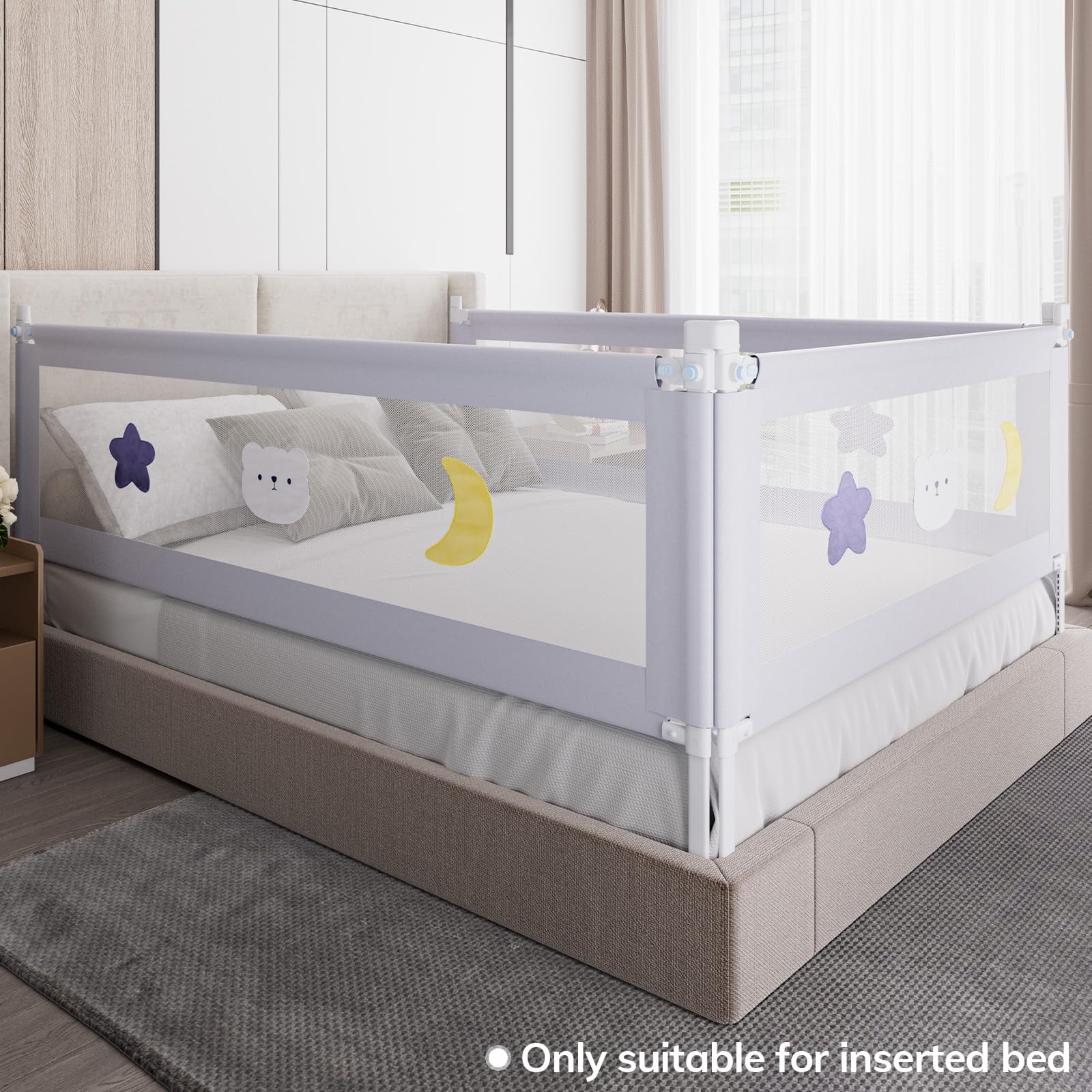 OMZER 3-Pack Toddler Bed Rails with Double Child Lock - Adjustable Height Safety Guardrail for Queen Size Beds (78.7x78.7x59