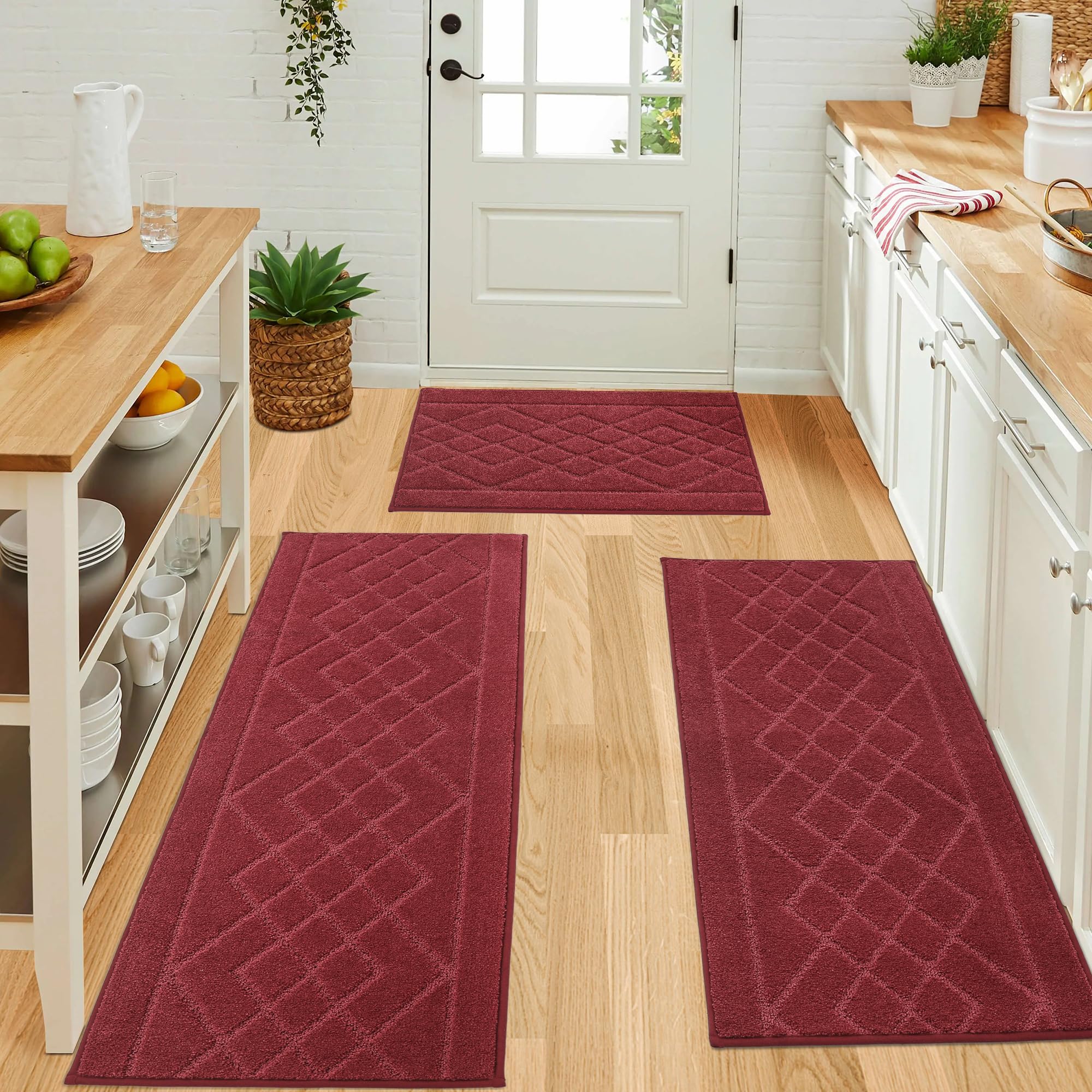 BEQHAUSE Non-Slip Washable Kitchen Rugs Set of 2 - Absorbent Soft Floor Mats for Kitchen, Sink, Hallway & Laundry - 20”x30” + 20”x48” Burgundy Red - Perfect for High Traffic Areas, Spill Protection & Home Decor