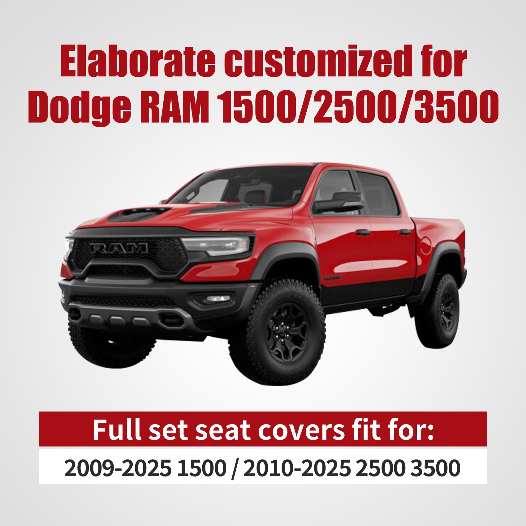 Premium Dodge Ram Seat Covers Full Set - Custom Fit for 2009-2025 Ram 1500/2500/3500 Pickup Trucks - Waterproof Leather Cushions for Crew/Double/Quad Cab (Black) - Perfect for Road Trips, Off-Road Adventures & Daily Commutes