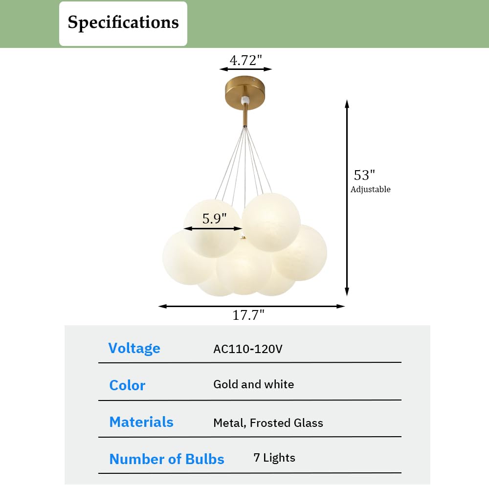Frosted Glass Bubble Chandelier - Gold 7-Light Globe Pendant Lighting for Kids Room & Nursery Decor | Perfect for Bedroom, Playroom, and Children's Party Decorations