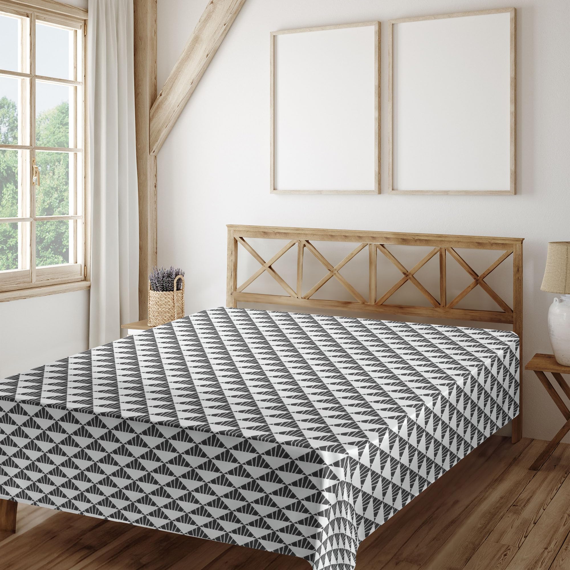 Ambesonne Abstract Flat Sheet - Art Deco Inspired Triangles & Stripes Pattern, Soft & Comfortable Full Size Top Sheet, White & Charcoal Grey - Perfect for Modern Bedroom Decor, Guest Room Styling & Luxury Hotel Vibes