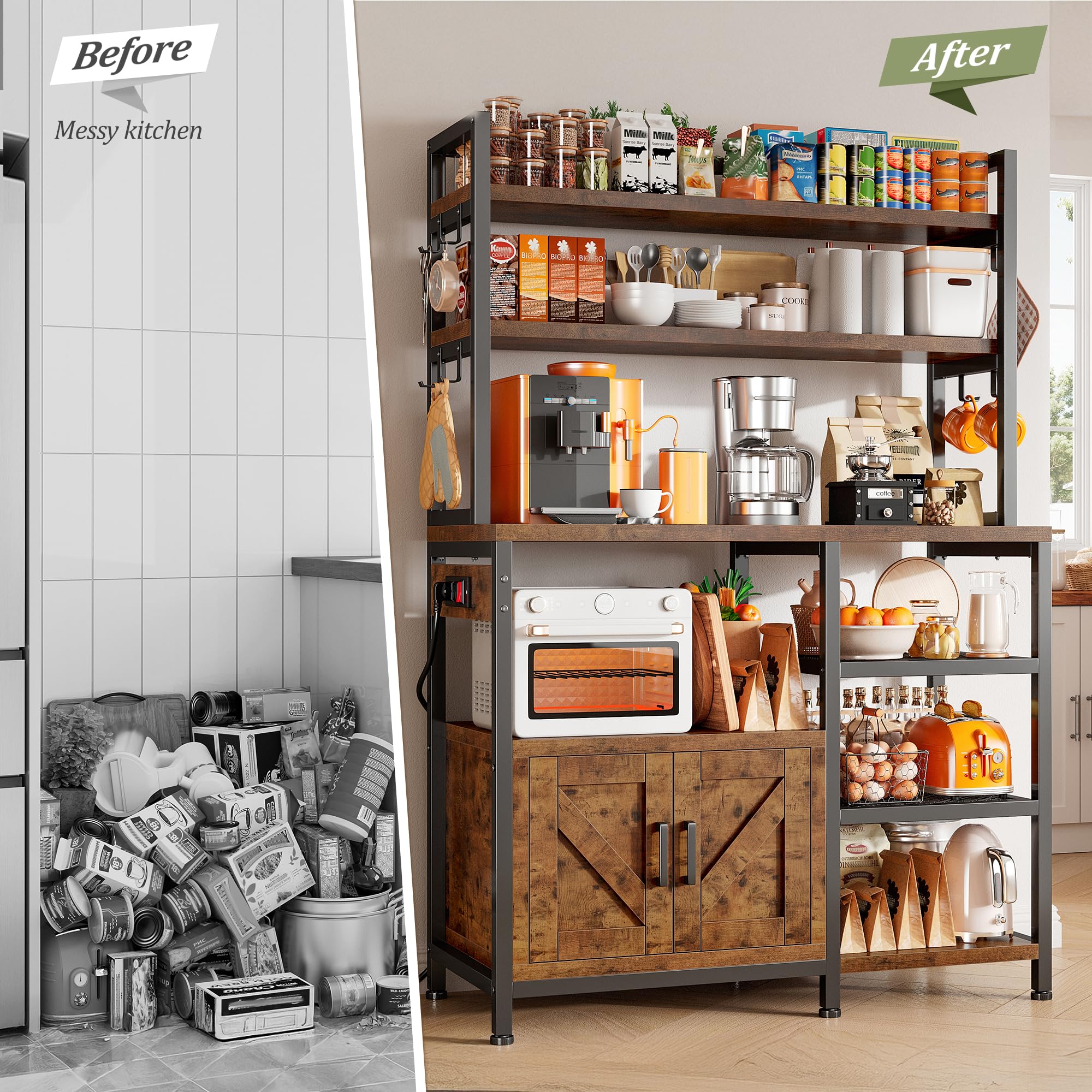EnHomee 6-Tier Bakers Rack with Power Outlet & Storage Cabinet - Rustic Brown Kitchen Utility Shelf with Side Hooks | Perfect for Coffee Bar, Microwave Stand & Kitchen Organization