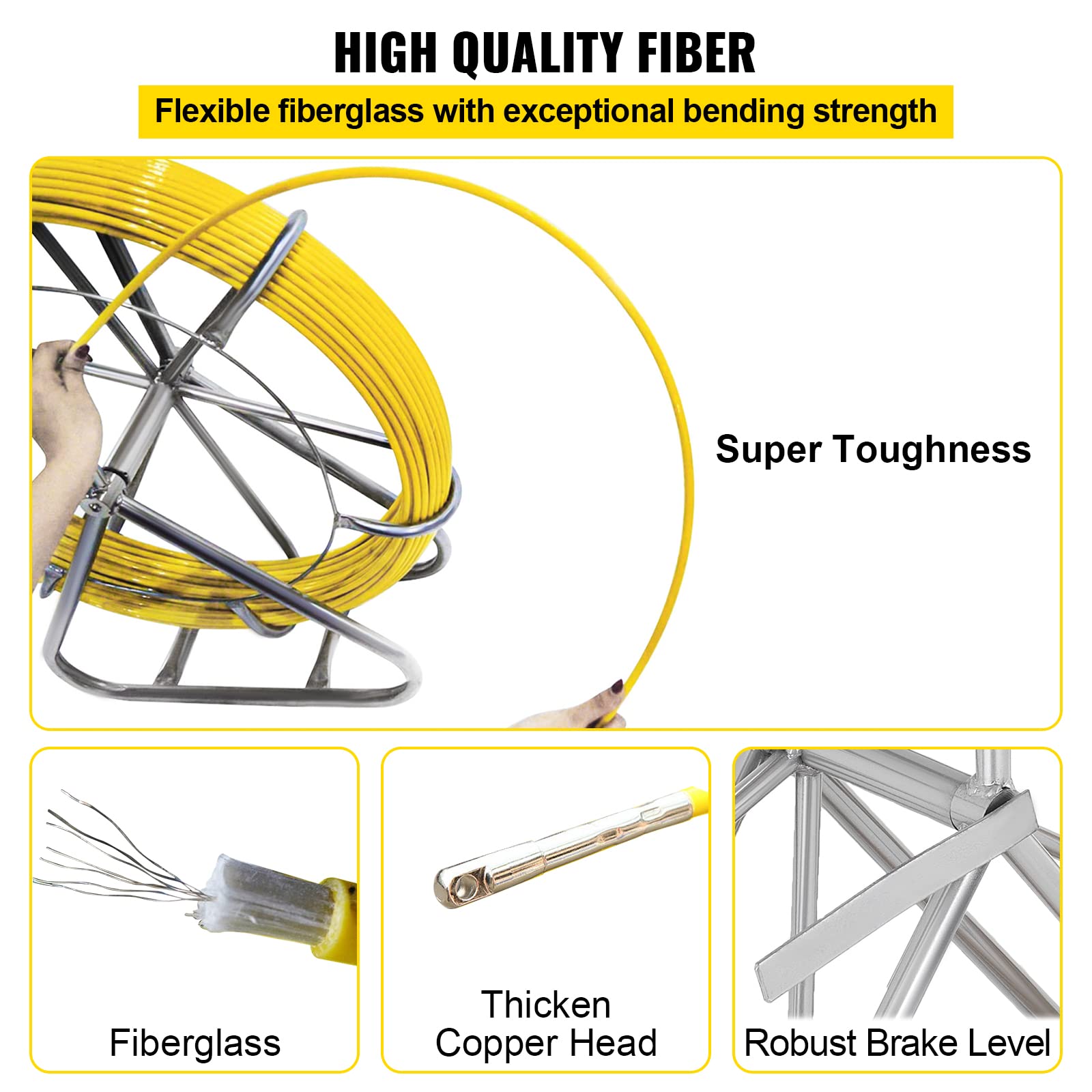 Happybuy 8MM x 492FT Fiberglass Fish Tape - Steel Reel Stand with Cage & Wheel - 13 Inch Min Bending Radius - Durable Wire Cable Puller for Electrical Conduit Work - Perfect for Electricians and DIY Home Wiring Projects